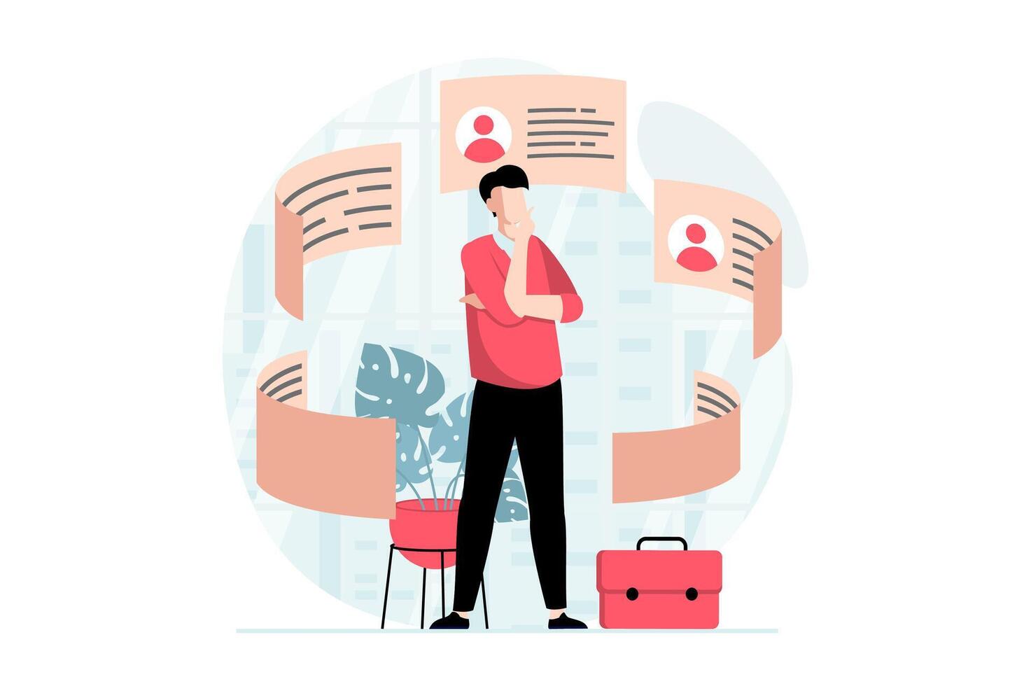 Employee hiring process concept with people scene in flat design. Man thinks and chooses between different resumes from job applicants to office. illustration with character situation for web vector