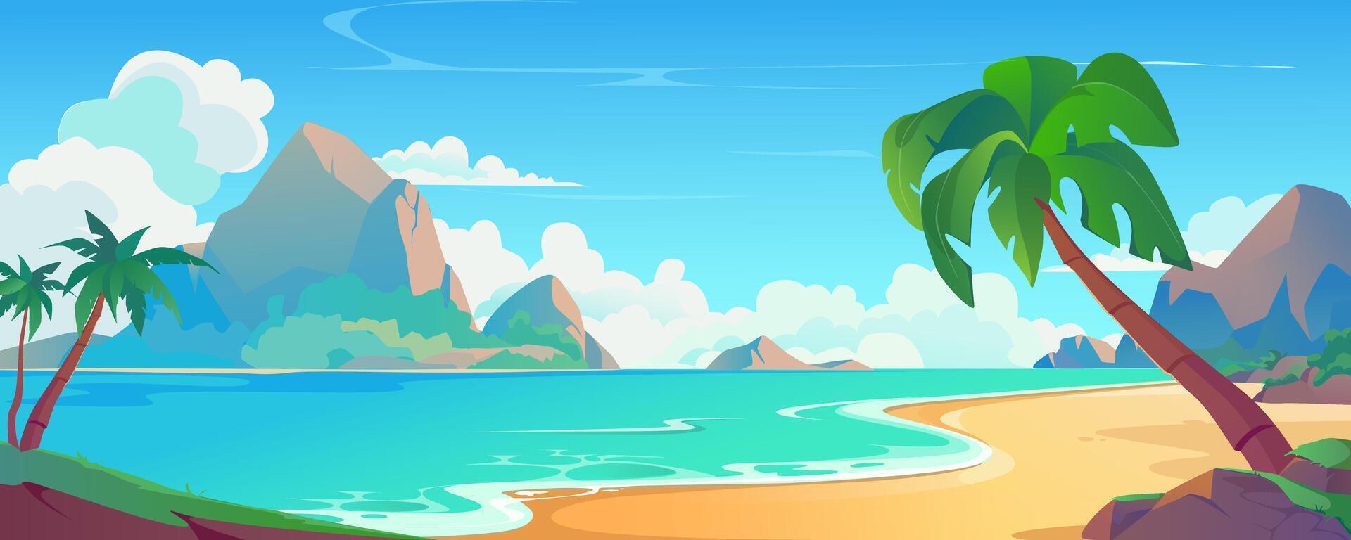 Sea beach background banner in cartoon design. Tropical sand lagoon landscape with palm trees, mountain rocks with day clouds, ocean waves. Summertime seaside idyllic view. cartoon illustration vector