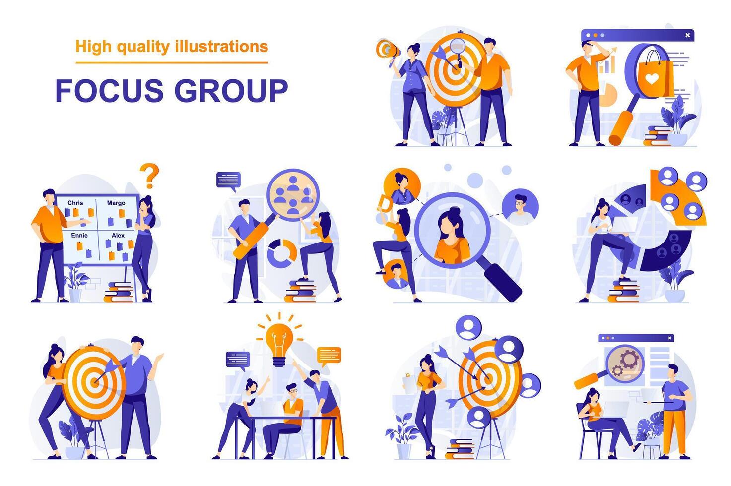 Focus group web concept with people scenes set in flat style. Bundle of market research of audience, aim at group, analyzing data and customer behavior. illustration with character design vector