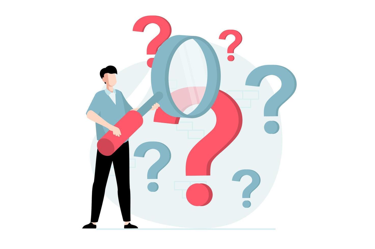 Finding solution concept with people scene in flat design. Man with magnifier looking questions and finds answers, imagination and inspiration. illustration with character situation for web vector