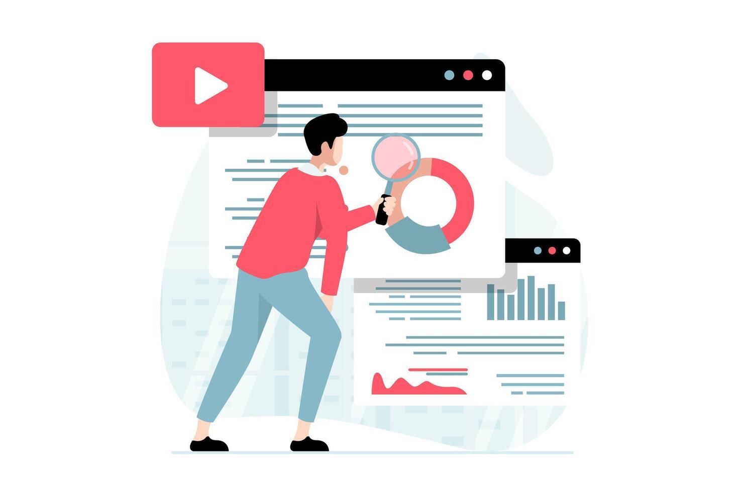 Data science concept with people scene in flat design. Man looking at magnifier, studying statistics at screen, working with graphs and charts. illustration with character situation for web vector