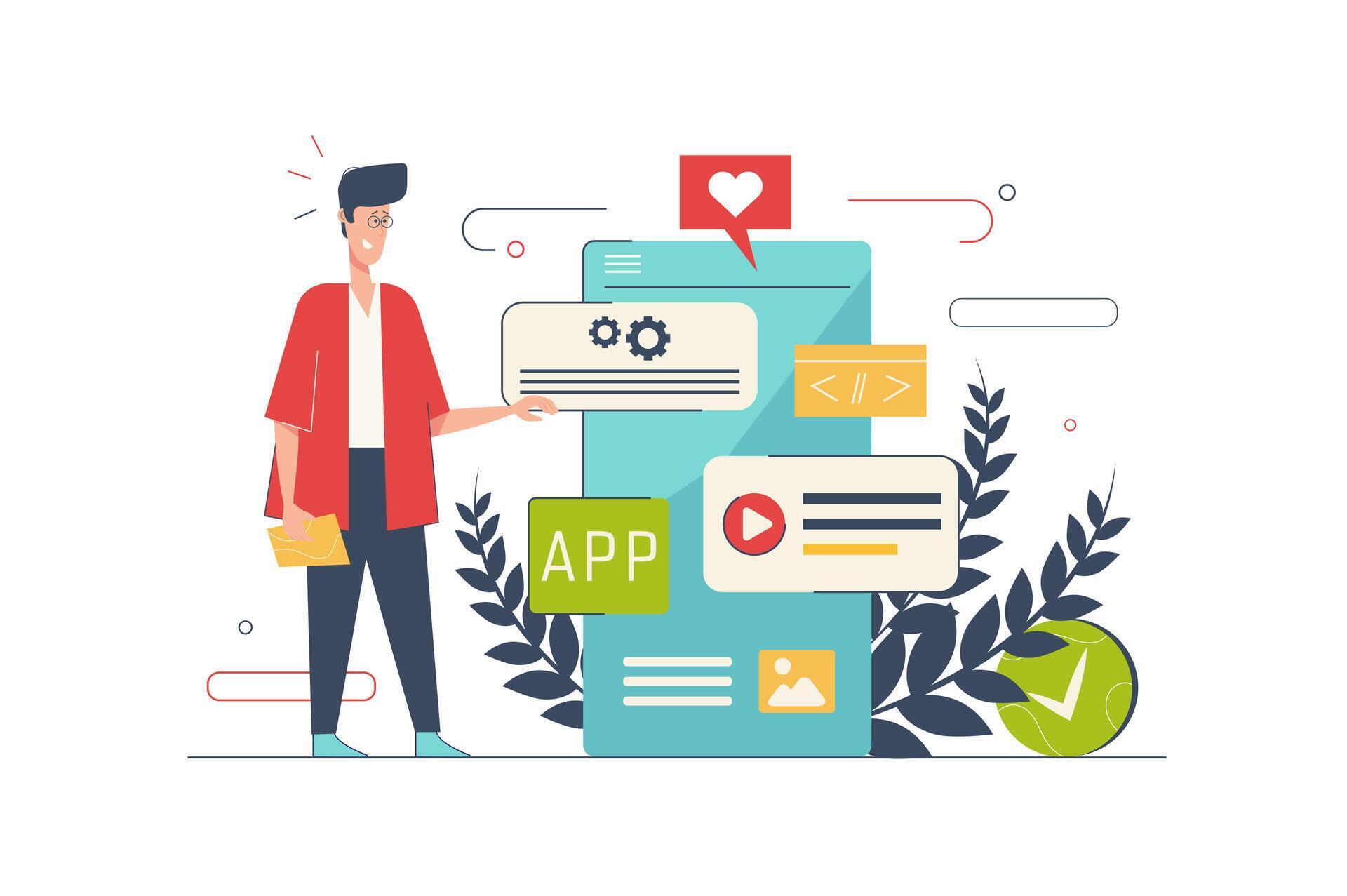 App development concept with people scene in flat cartoon design. Man ...