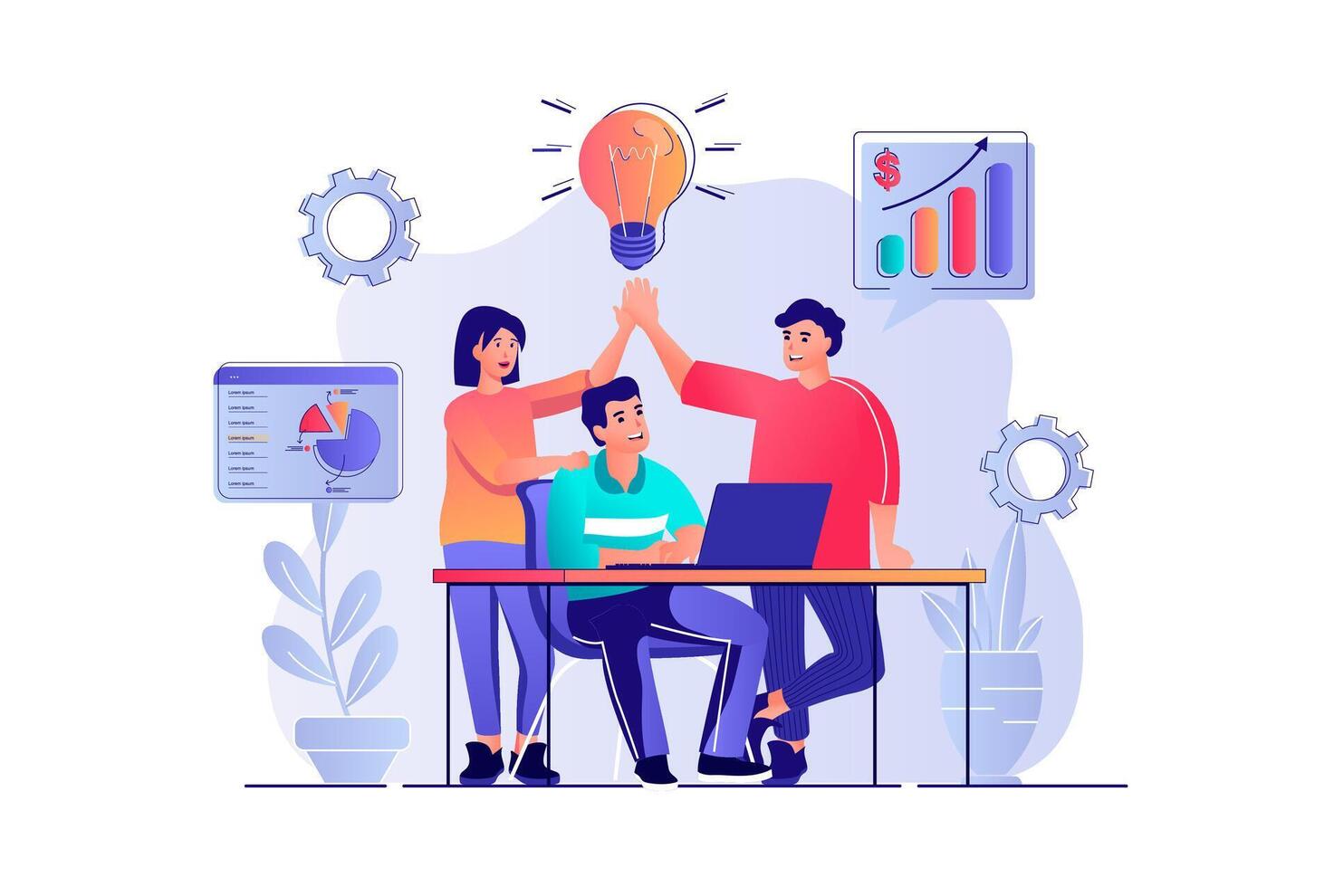 Teamwork concept with people scene. Man and woman brainstorming colleagues discuss work tasks, generate ideas and collaboration in office. illustration with characters in flat design for web vector