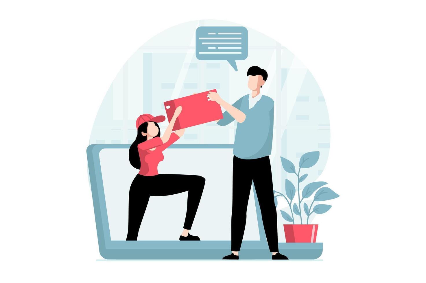 Delivery service concept with people scene in flat design. Woman courier delivering box to client. Man ordering goods online and receiving parcel. illustration with character situation for web vector