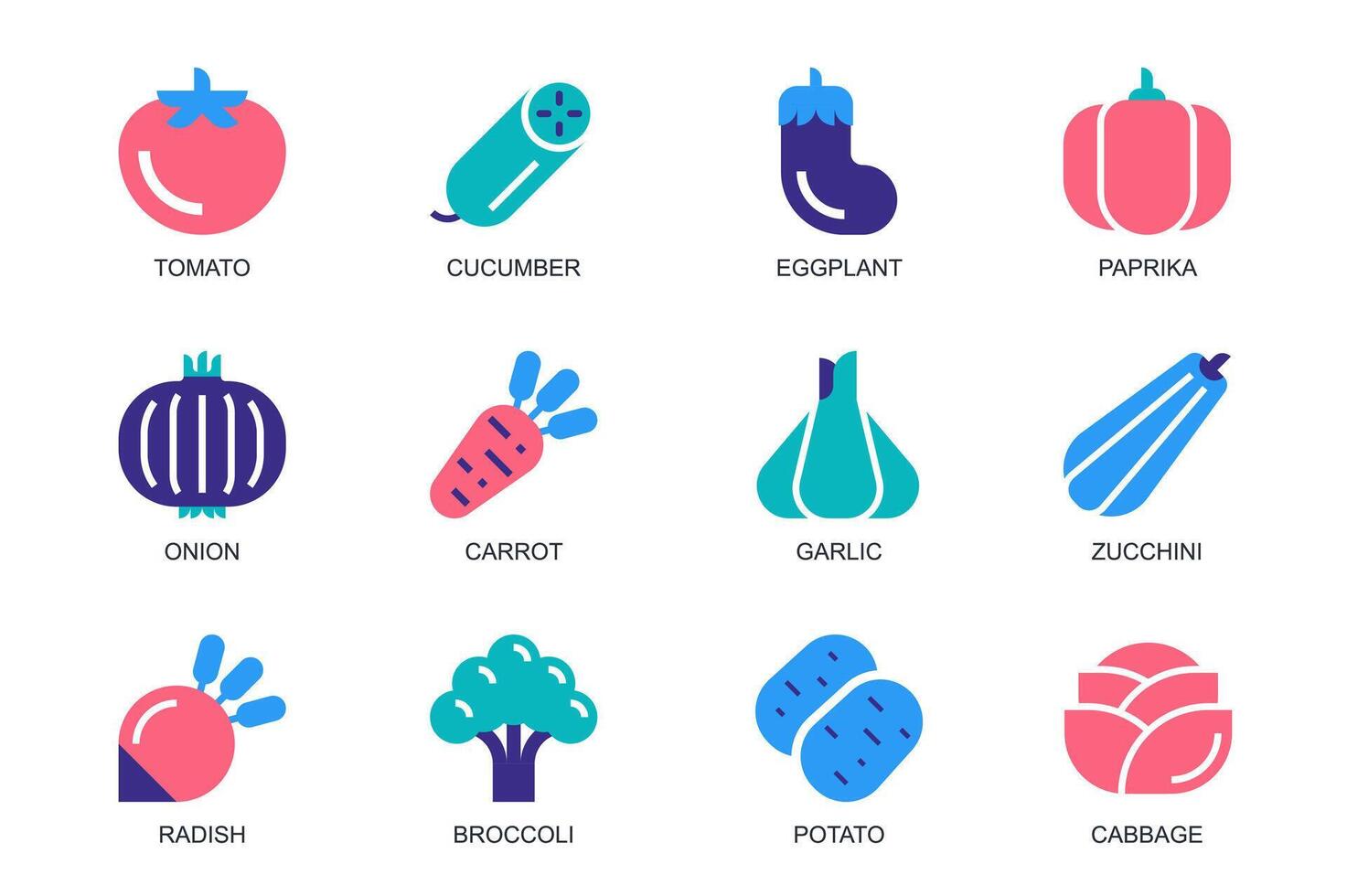 Veggies concept of web icons set in simple flat design. Pack of vegetables, tomato, cucumber, eggplant, paprika, carrot, garlic, zucchini, radish, broccoli, other. pictograms for mobile app vector