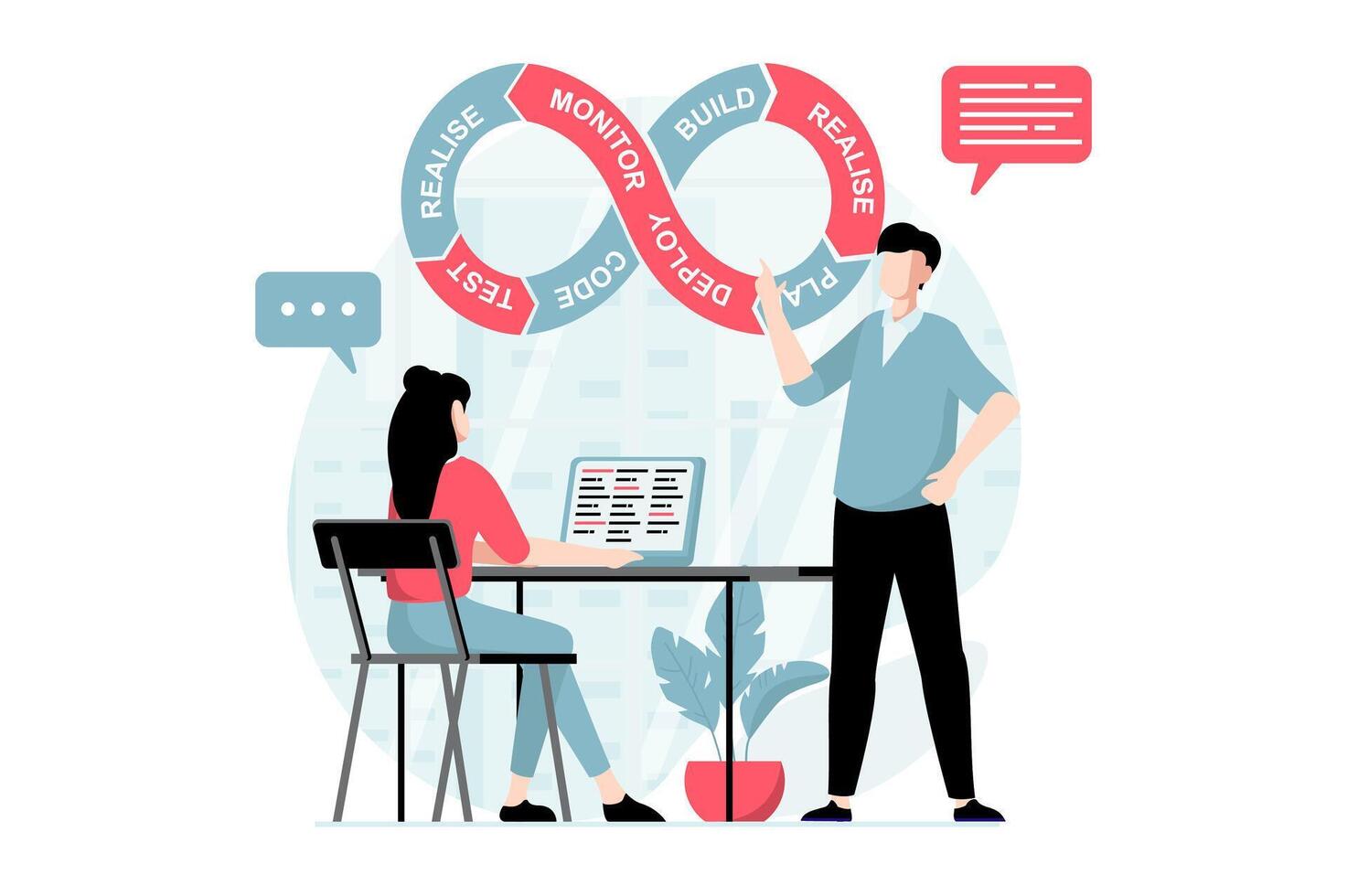 DevOps concept with people scene in flat design. Programmers team working at project, optimizing workflow, automate processes and monitoring. illustration with character situation for web vector