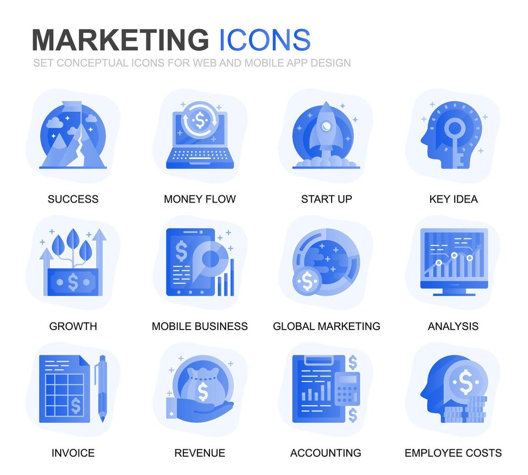 Modern Set Business and Marketing Gradient Flat Icons for Website and Mobile Apps. Contains such Icons as Vision, Mission, Planning, Market. Conceptual color flat icon. pictogram pack. vector