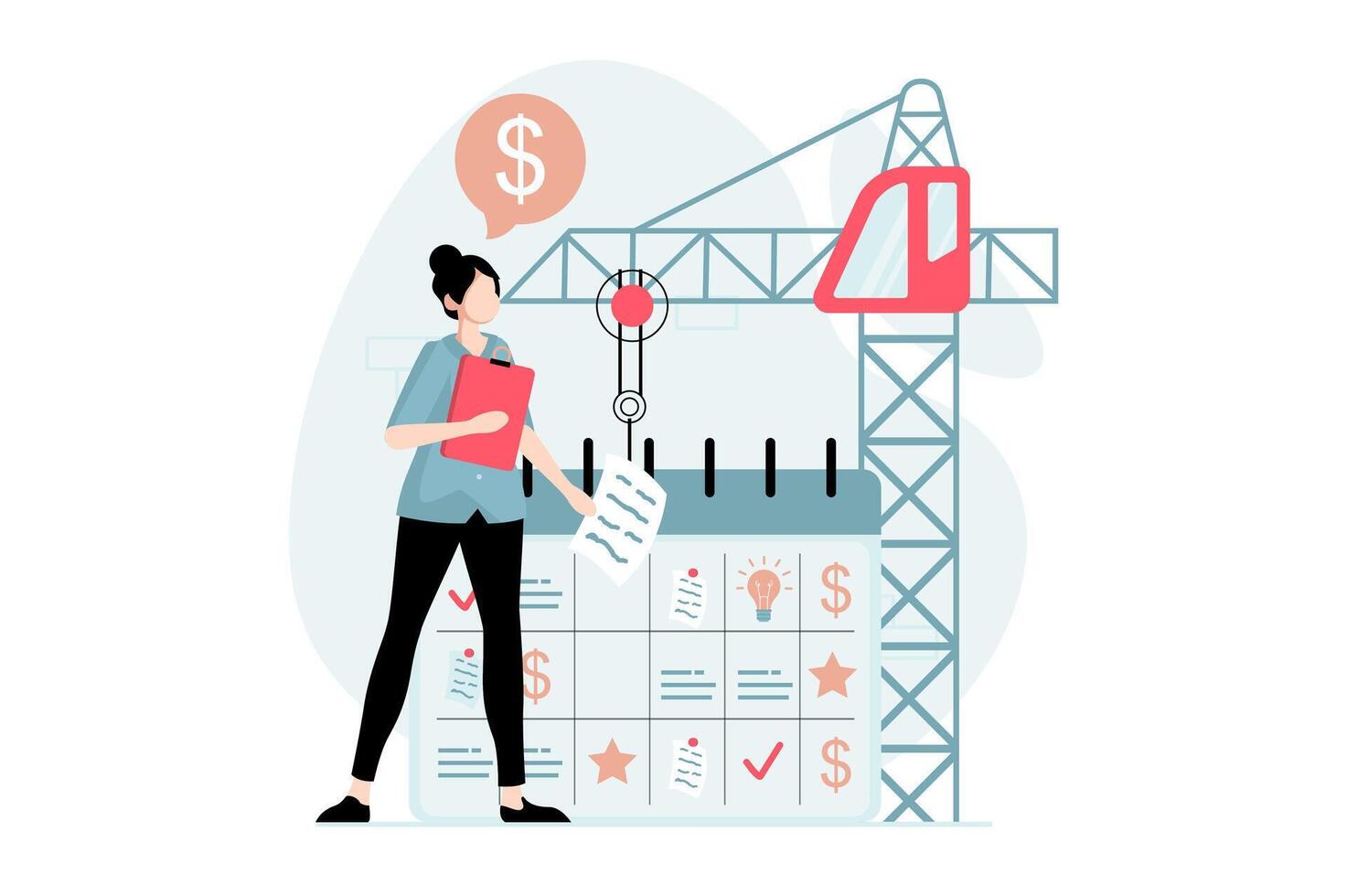 Business making concept with people scene in flat design. Woman planning strategy and work tasks, manages time and workflow, develops company. illustration with character situation for web vector