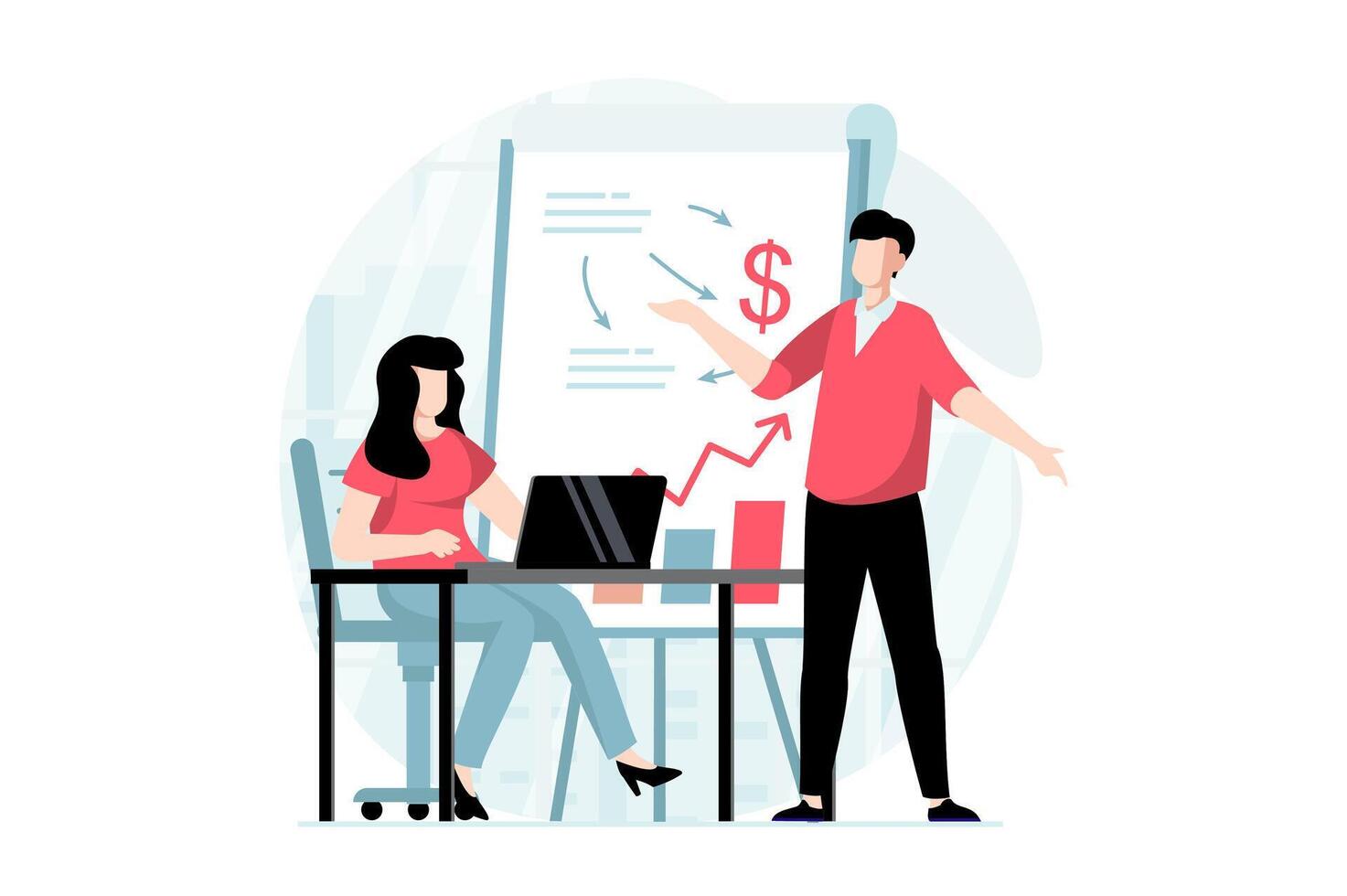 negocio haciendo concepto con personas escena en plano diseño. mujer y hombre discutir tareas, analizar financiero datos, planificación a reunión en oficina. ilustración con personaje situación para web vector