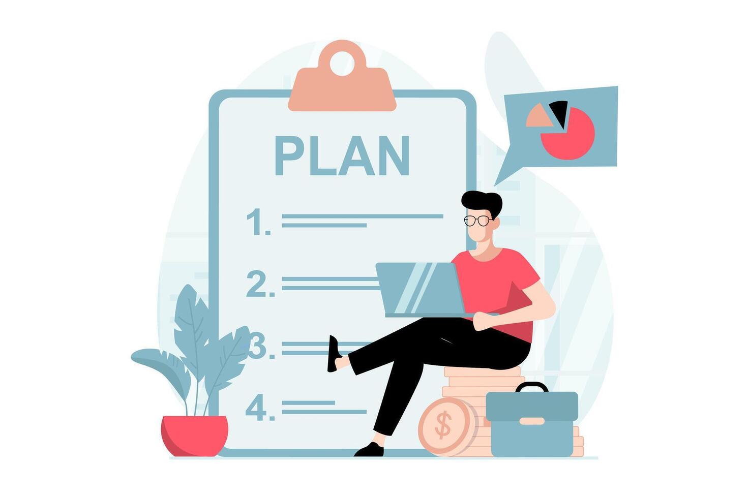 Business making concept with people scene in flat design. Businessman analyzes data and makes checklist with development plan and strategic tasks. illustration with character situation for web vector