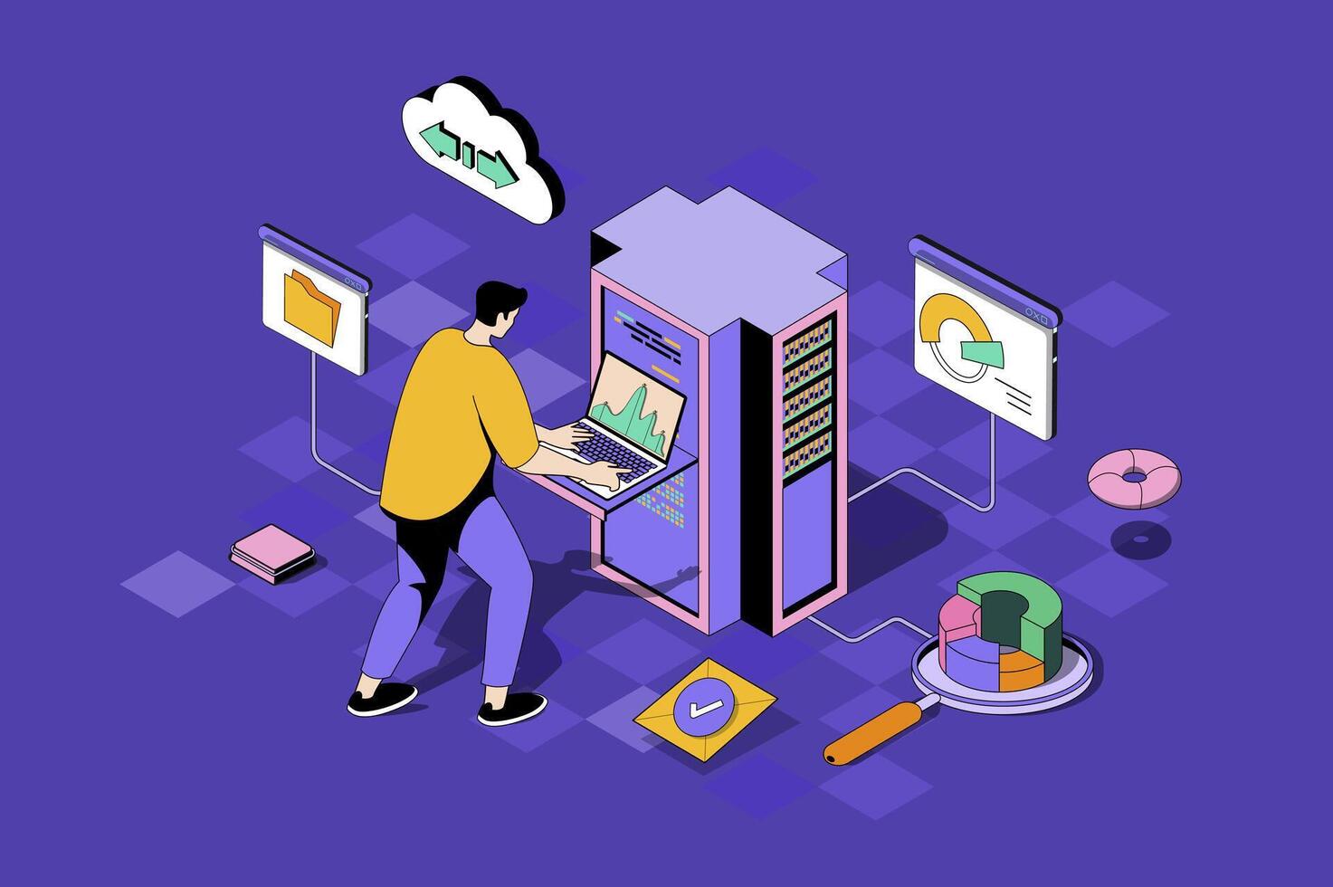 Data center web concept in 3d isometric design. Man working as administrator in server room with racks for big data storage and cloud computing. web illustration with people isometry scene vector