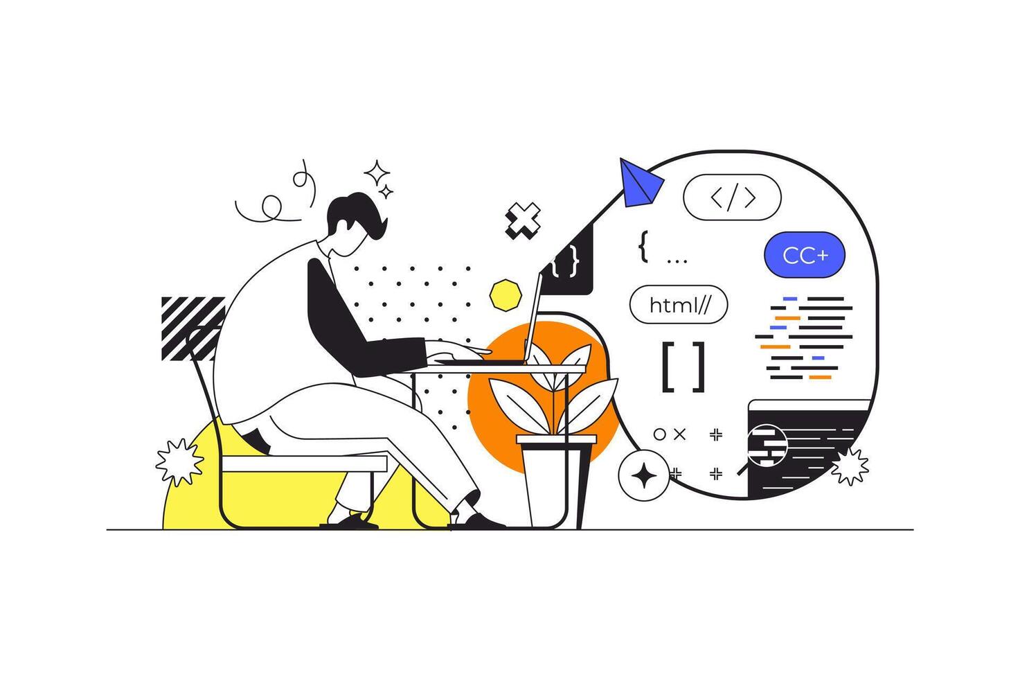 DevOps web concept in flat outline design with characters. Man is programming and coding applications or software code. Development operation practice in IT company, people scene. illustration. vector