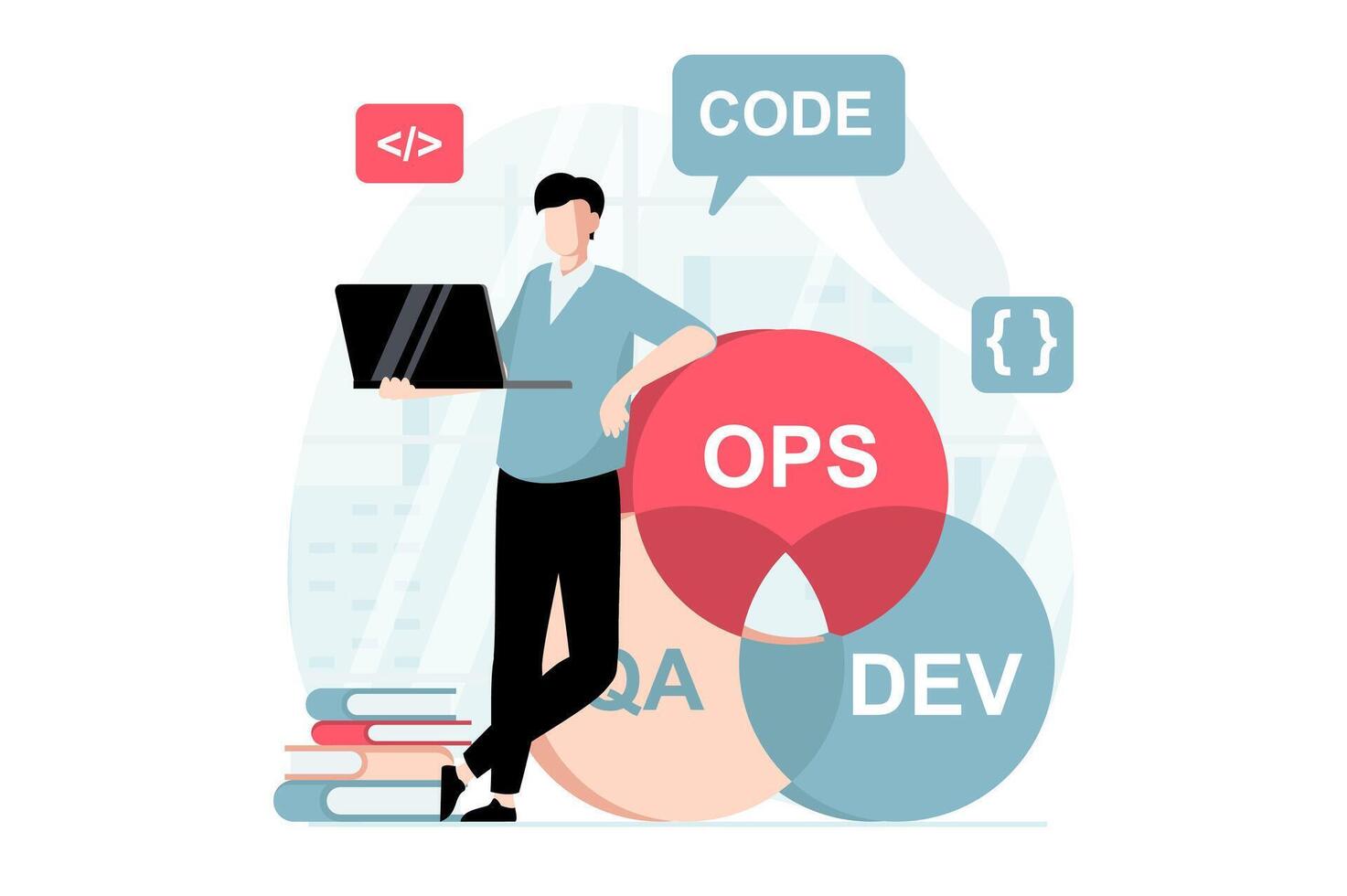 devops concepto con personas escena en plano diseño. hombre programador codificación, creando software y trabajando a computadora portátil, optimizando flujo de trabajo en compañía. ilustración con personaje situación para web vector