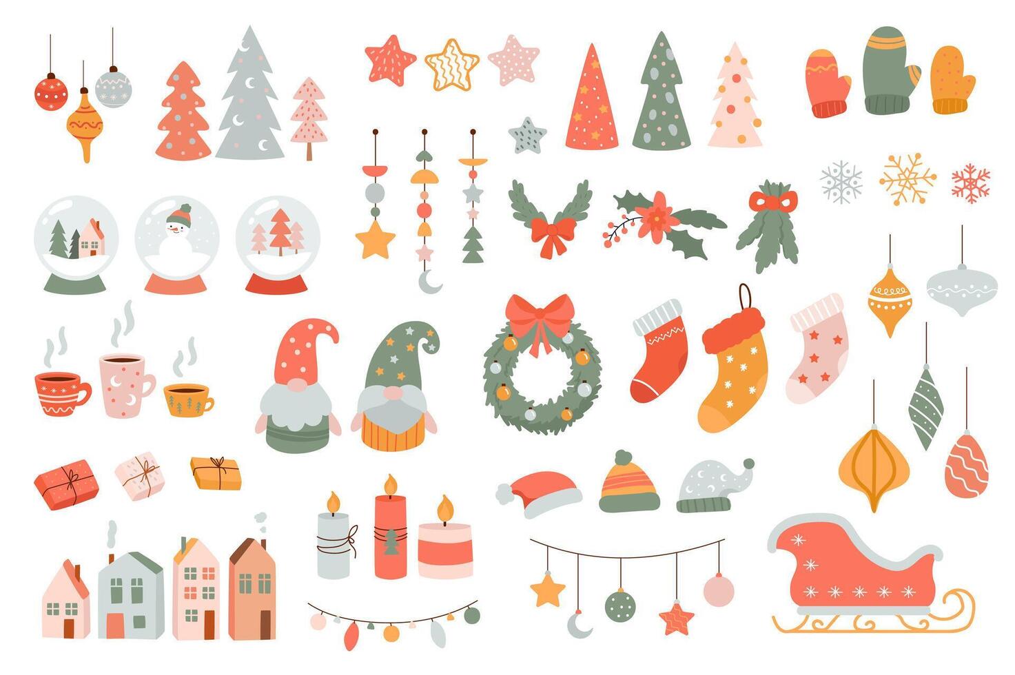 Happy New Year set with cartoon elements in flat design. Bundle of Christmas trees, stars, decors, mittens, garlands, holly, snowflakes, cacao cups, other isolated stickers. illustration. vector