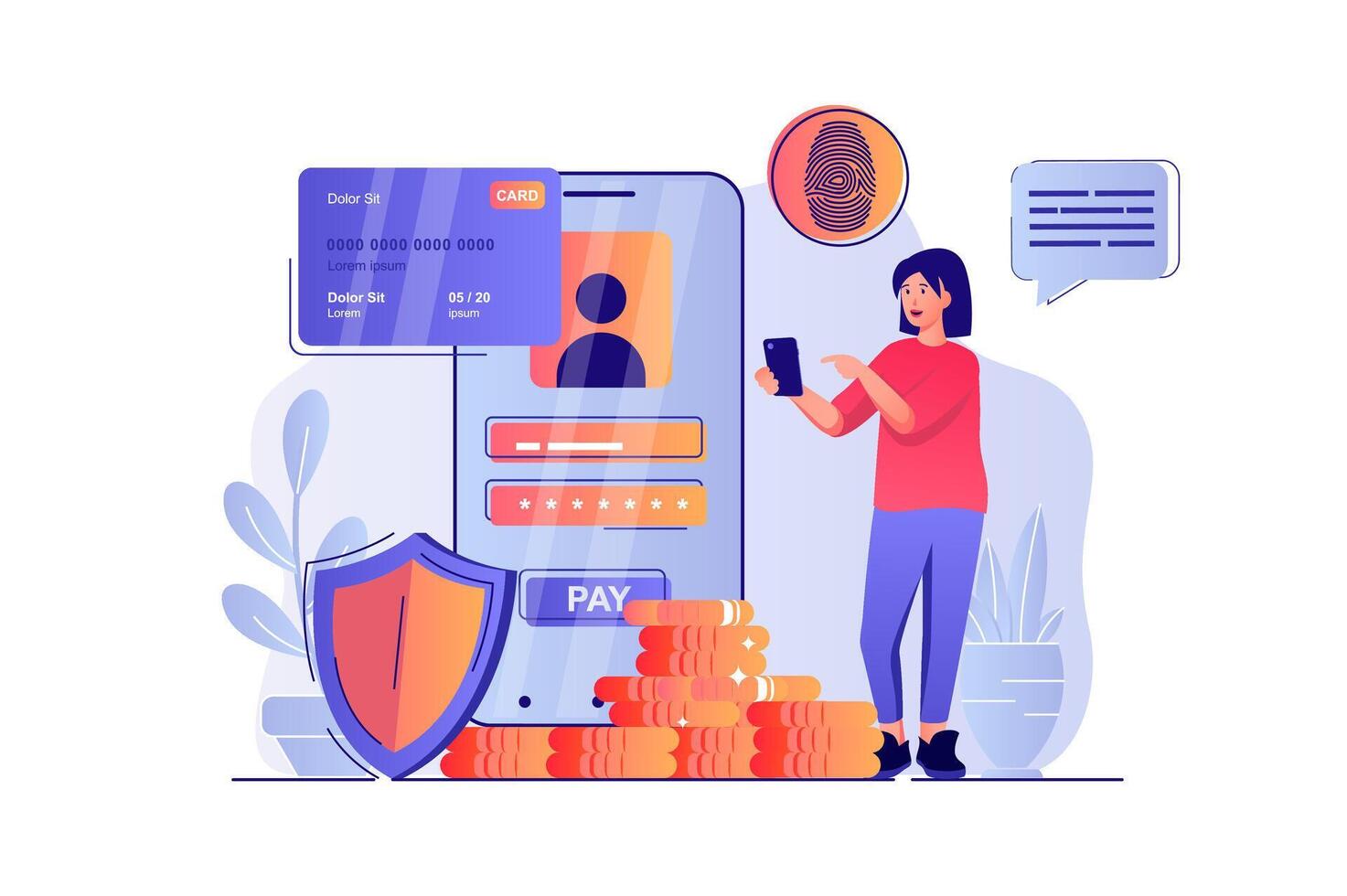 Secure payment concept with people scene. Woman accesses application using password and fingerprint scanner, makes financial transaction. illustration with characters in flat design for web vector