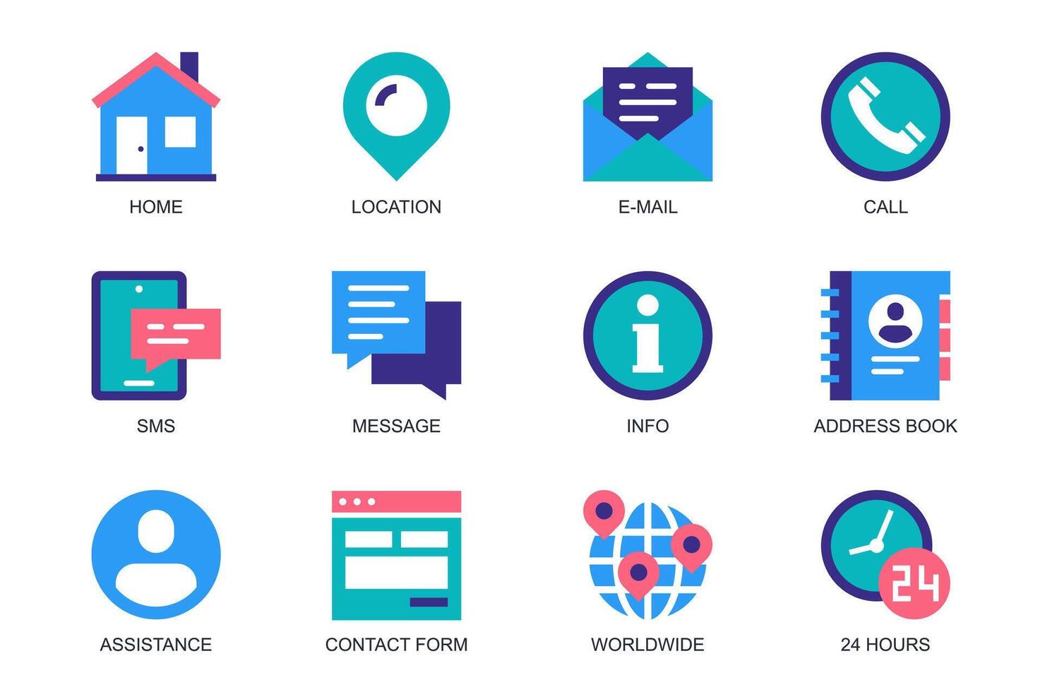 Contact Us concept of web icons set in simple flat design. Pack of home, location, email, call, sms, message, address book, assistance, worldwide, 24 hours and other. pictograms for mobile app vector