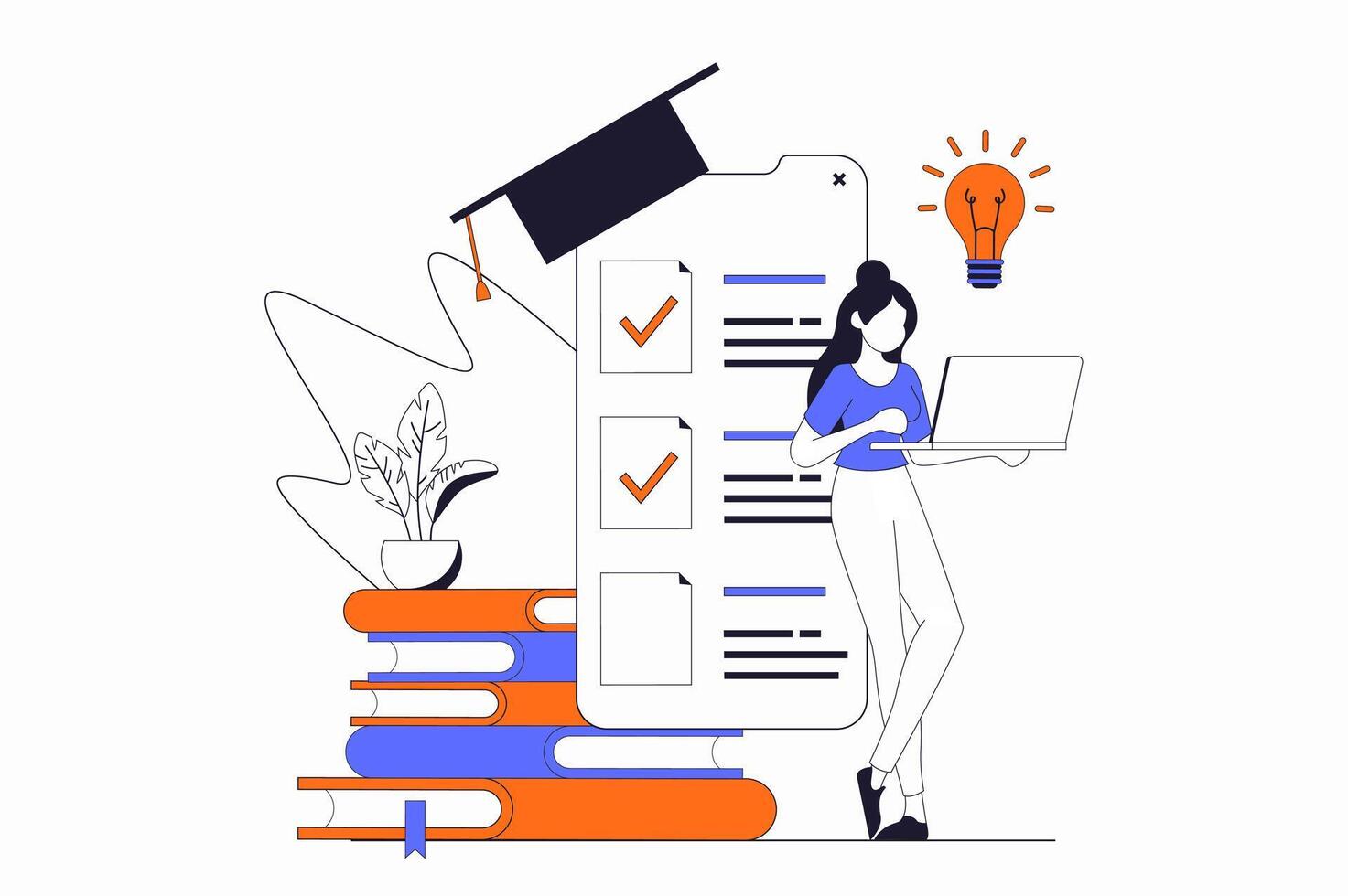 Distance learning concept with people scene in flat outline design. Woman studies on educational platform and opens new lessons using apps. illustration with line character situation for web vector