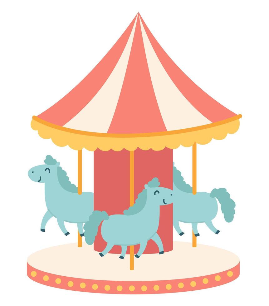 Carousel with horses in flat design. Child attraction at amusement park. illustration isolated. vector