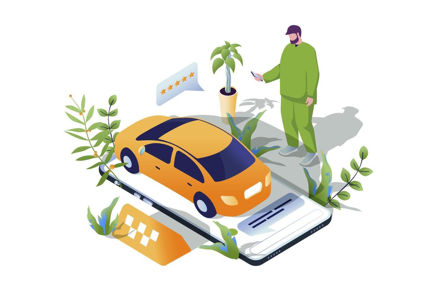 Taxi booking web concept in 3d isometric design. People using taxi application for online rental car. Man passenger waiting yellow auto for delivering to destination. web illustration. vector