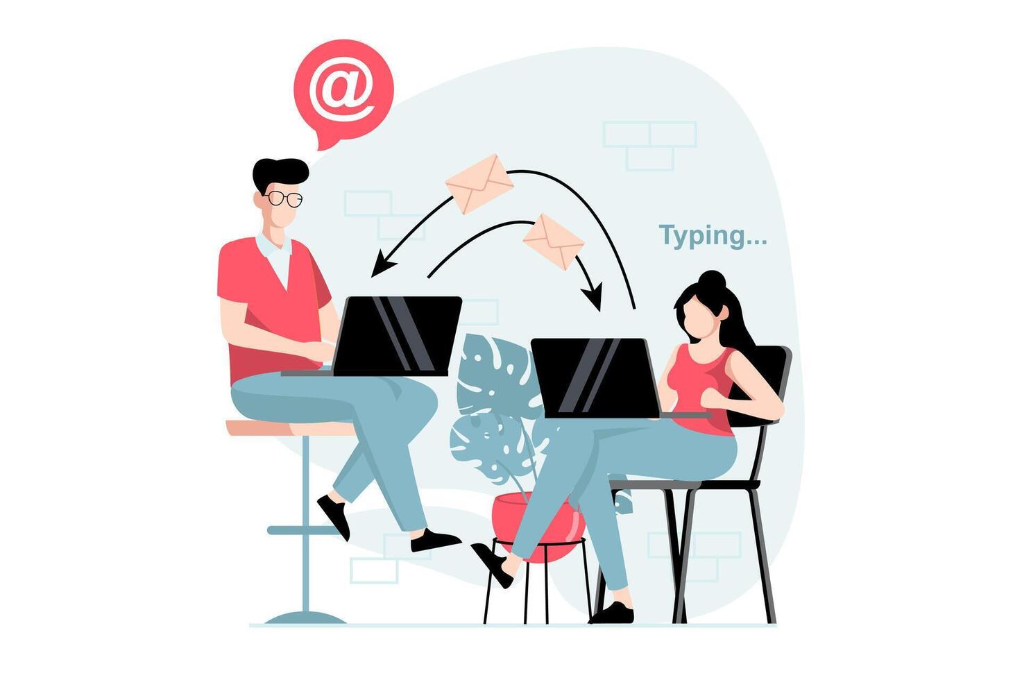 Email service concept with people scene in flat design. Man and woman are chatting online, typing new letters and using mail client on laptop. illustration with character situation for web vector