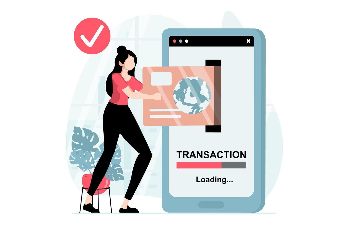 pago electrónico concepto con personas escena en plano diseño. mujer hace en línea transferir de dinero desde personal financiero cuenta utilizando móvil solicitud. ilustración con personaje situación para web vector