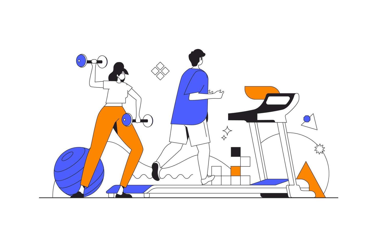 aptitud y gimnasio web concepto en plano contorno diseño con caracteres. mujer lo hace ejercicios con mancuernas, hombre carreras en rueda de andar. fuerza y cardio capacitación, personas escena. ilustración. vector