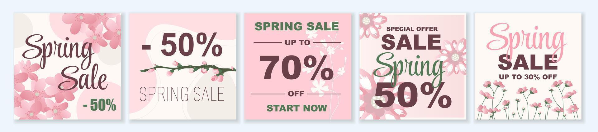 Spring Sale square template set for ads posts in social media. Bundle of layouts with pink flowers for season clearance sales. Suitable for mobile apps, banner design and web ads. illustration. vector