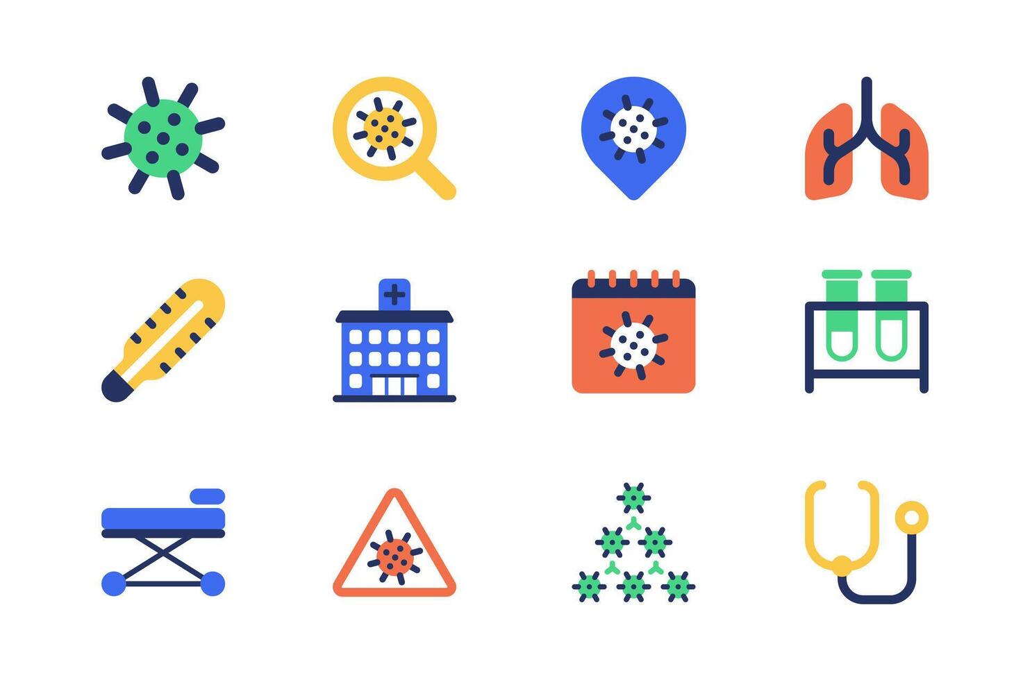 Coronavirus concept of web icons set in simple flat design. Pack of virus, scientific research, laboratory, thermometer, hospital, test tube, stethoscope and other. pictograms for mobile app vector