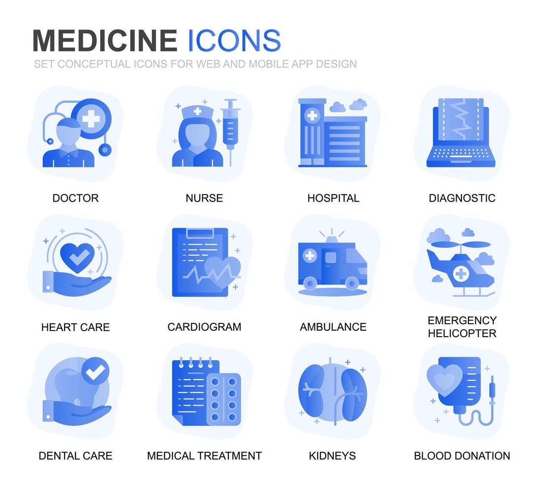 Modern Set Healthcare and Medicine Gradient Flat Icons for Website and Mobile Apps. Contains such Icons as Doctor, Hospital, Medical Equipment. Conceptual color flat icon. pictogram pack. vector