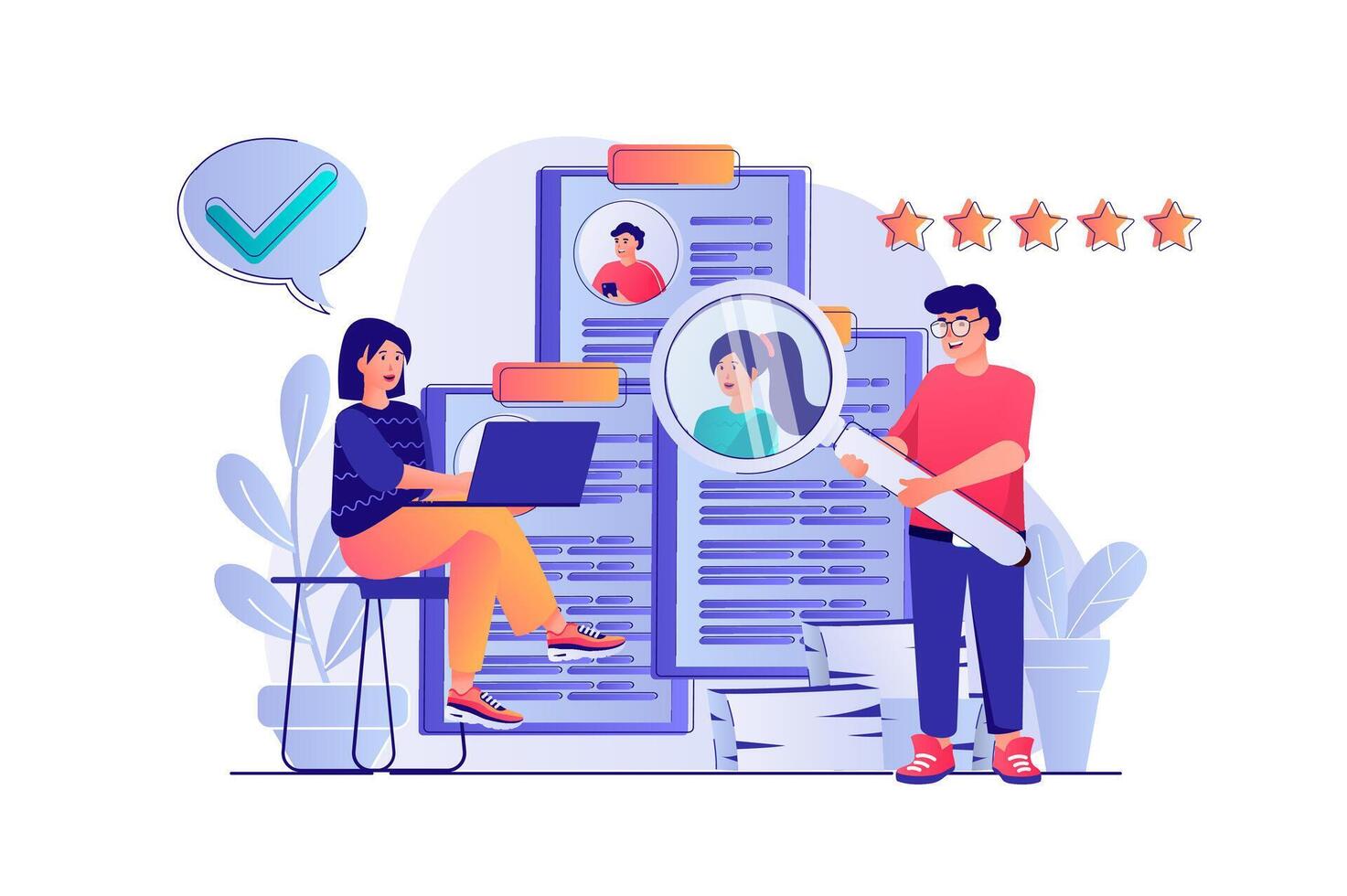 Recruitment agency concept with people scene. Woman and man headhunters looks at online resume for vacancy and choosing for candidates. illustration with characters in flat design for web vector