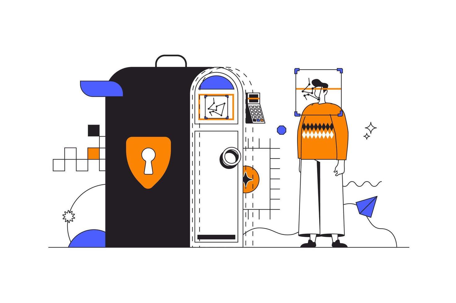 Biometric control web concept in flat outline design with character. Man uses secure access to enter, scanner scans his face and asks for password. Data security people scene. illustration. vector