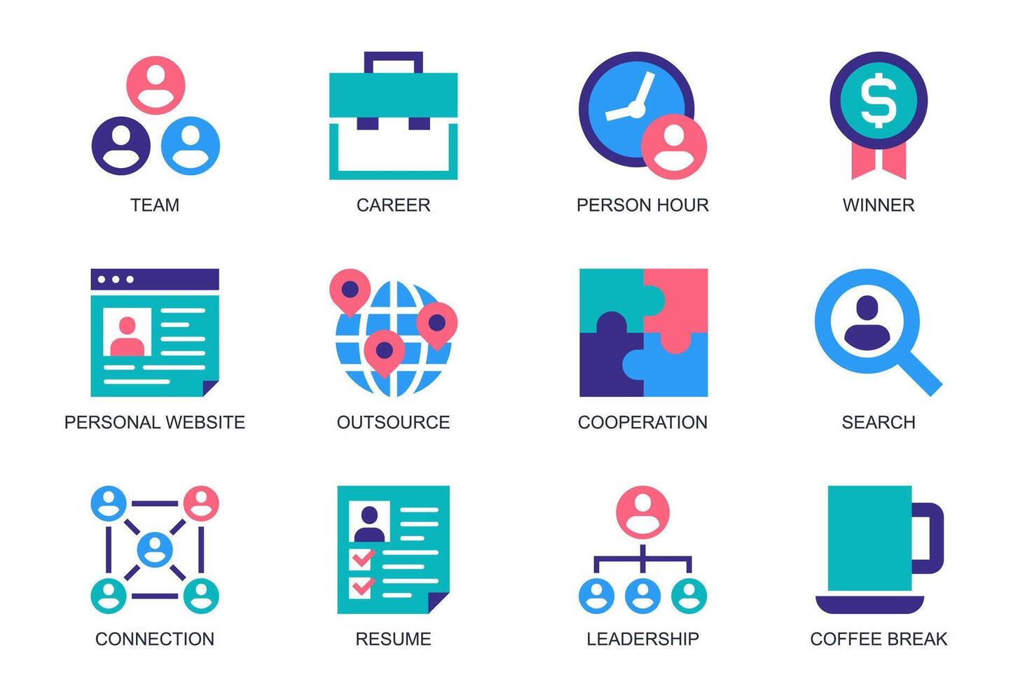 Business People concept of web icons set in simple flat design. Pack of team, career, person hour, winner, outsource, cooperation, resume, leadership, connection. pictograms for mobile app vector