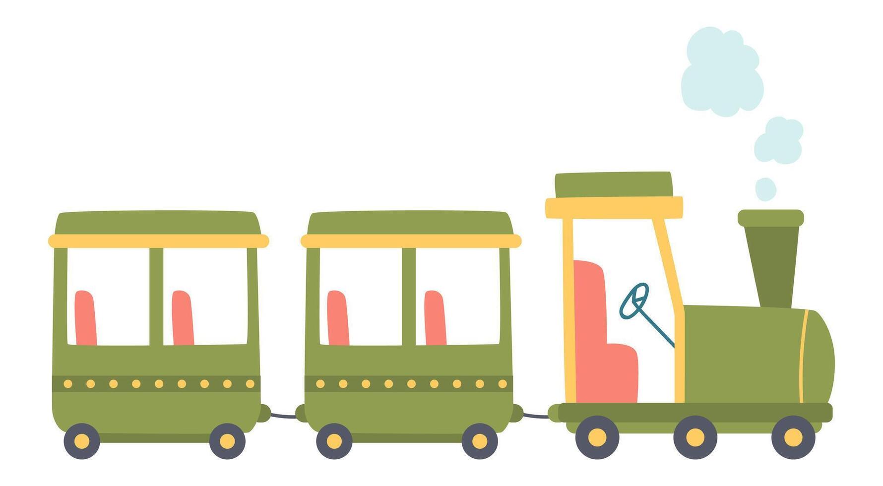 Child train with two wagons in flat design. Cute transport at amusement park. illustration isolated. vector