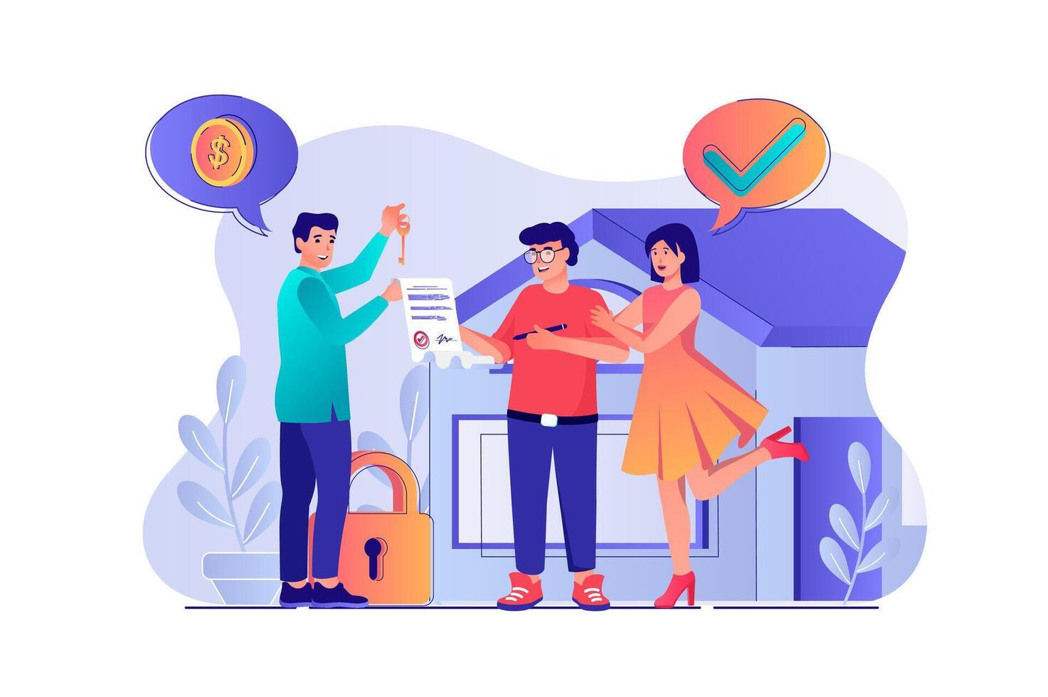 Real estate concept with people scene. Woman and man choosing apartment and buying new house, agent makes deal with buyers and gives key. illustration with characters in flat design for web vector