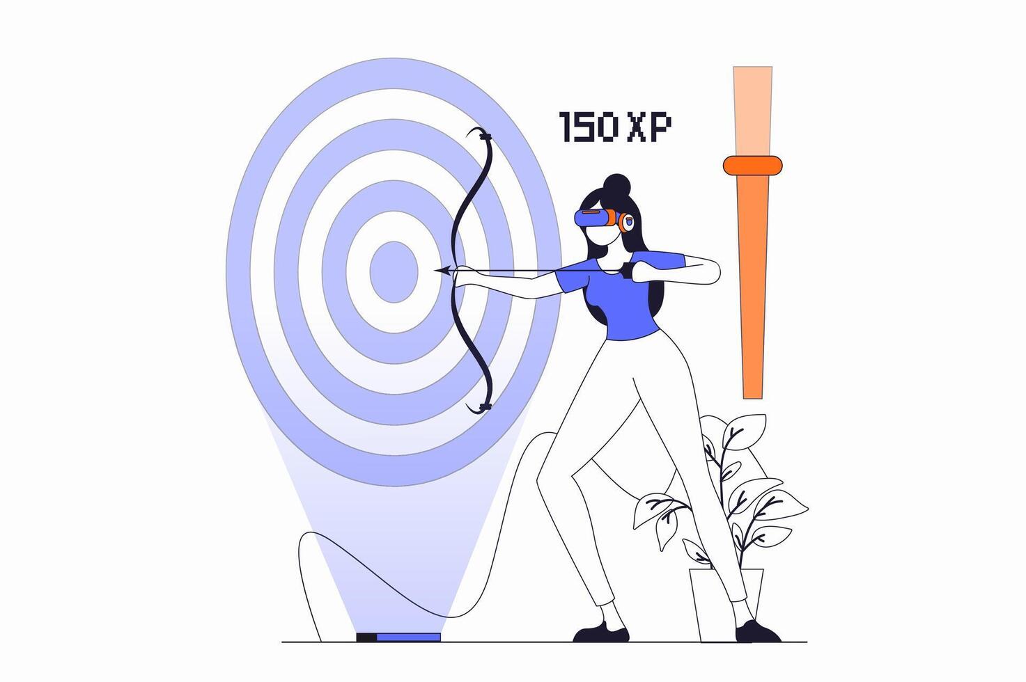 Virtual reality concept with people scene in flat outline design. Woman in VR headset plays augmented reality game and aiming arrow at target. illustration with line character situation for web vector