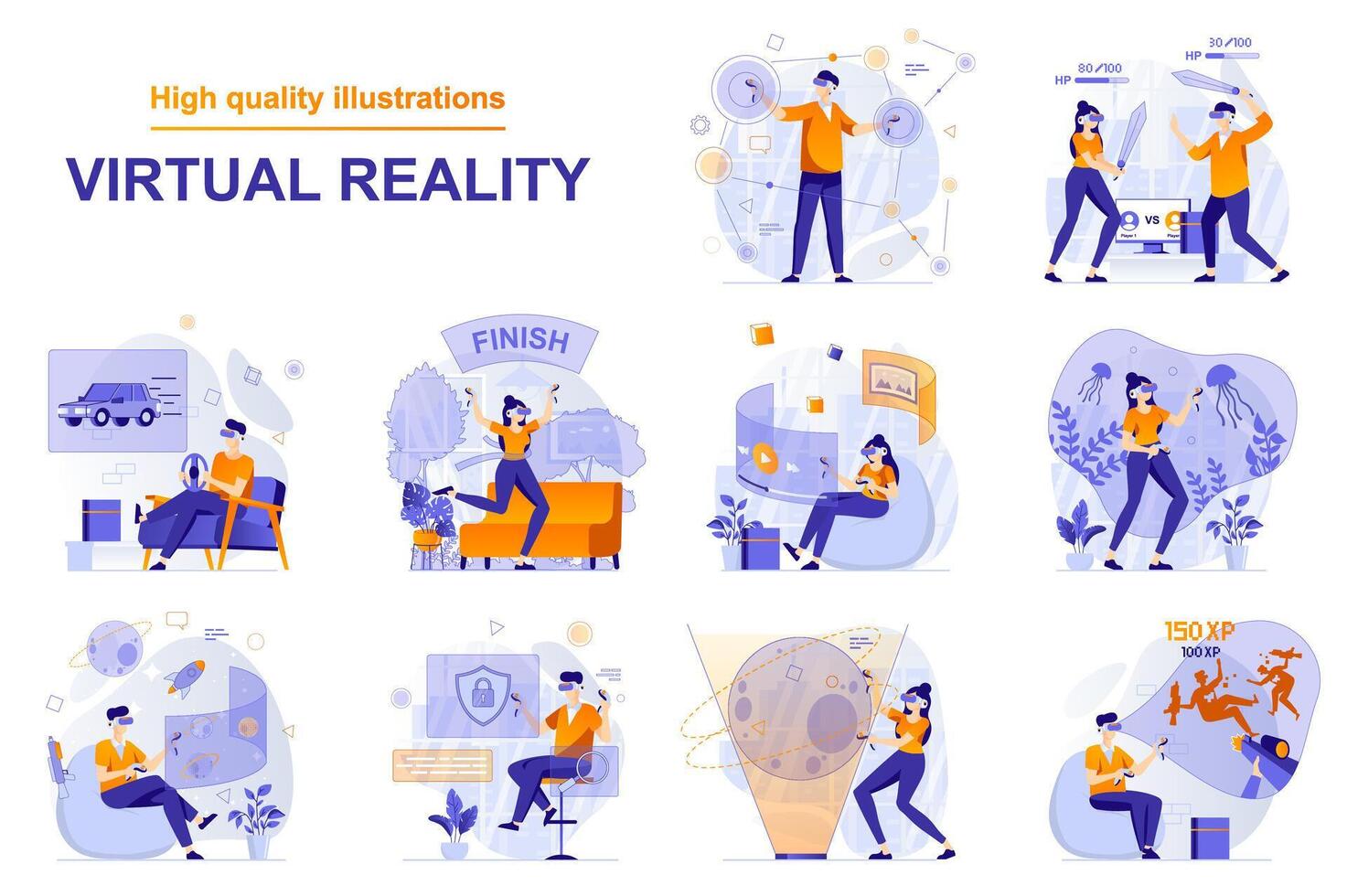 Virtual reality web concept with people scenes set in flat style. Bundle of users in VR headsets playing games, working, learning, going in for cybersport. illustration with character design vector