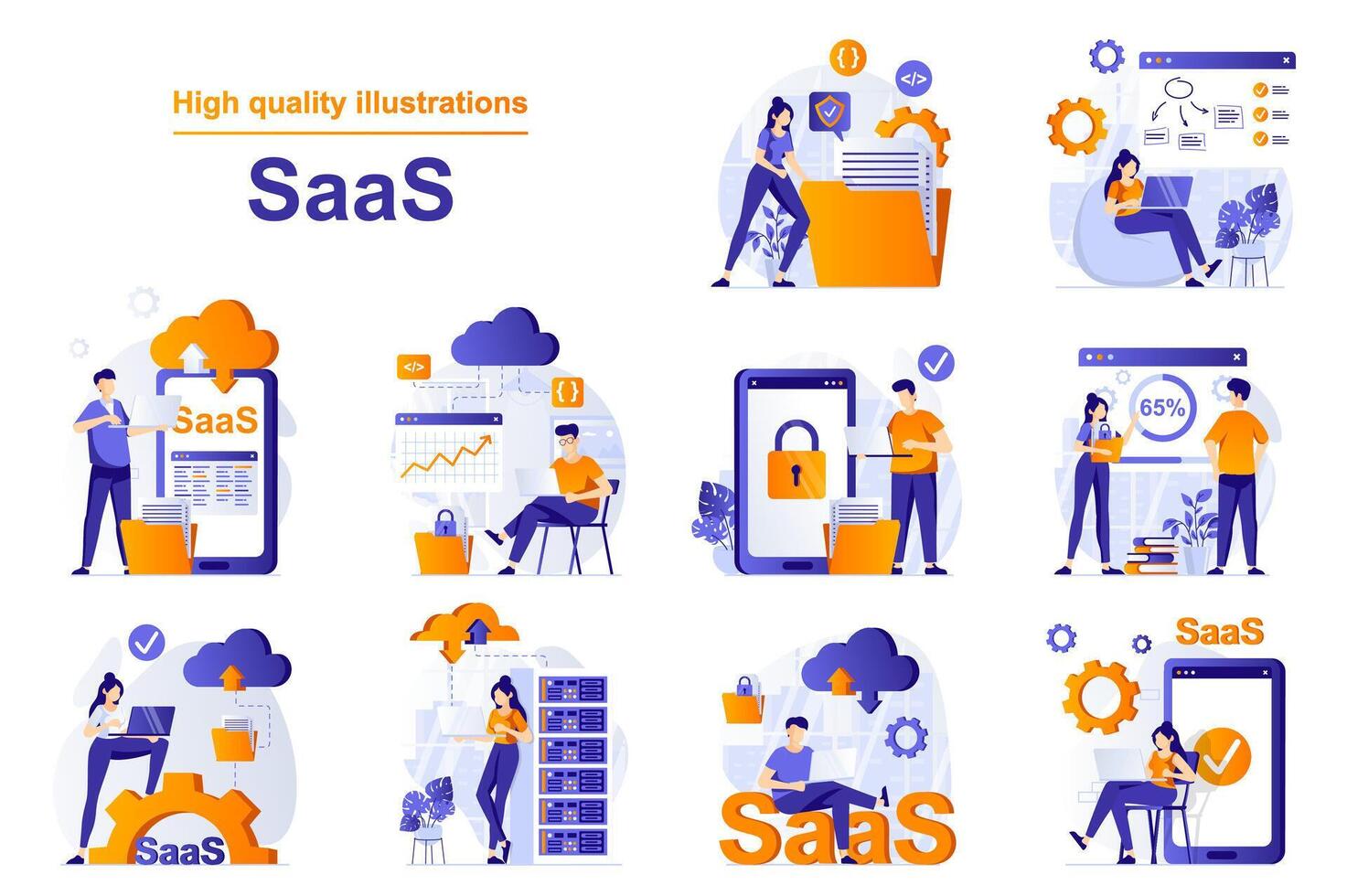 saas web concepto con personas escenas conjunto en plano estilo. haz de utilizando programas con suscripción, nube Procesando, nube almacenamiento, software como un servicio. ilustración con personaje diseño vector