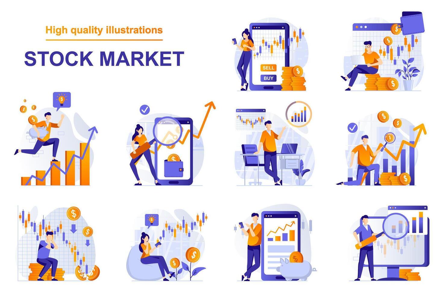 Stock market web concept with people scenes set in flat style. Bundle of analyzing market data, stock trading, buying and selling bonds, financial investment. illustration with character design vector