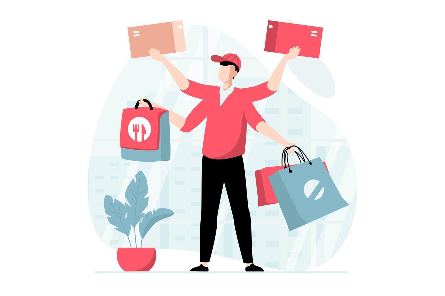 Delivery service concept with people scene in flat design. Man working as courier delivering parcels on box and shipping food in bag to clients. illustration with character situation for web vector