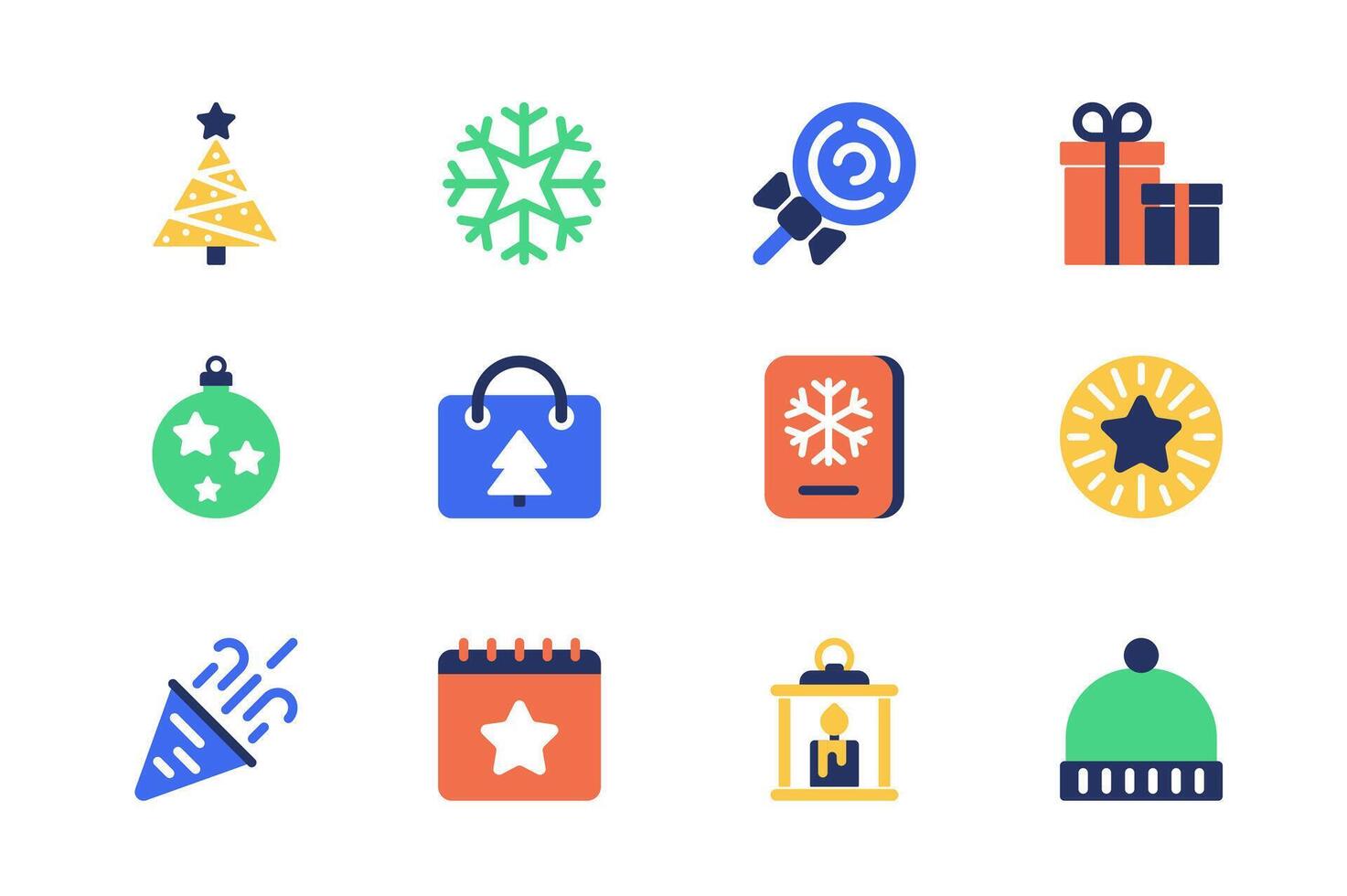 Christmas concept of web icons set in simple flat design. Pack of tree, snowflake, lollipop, gifts, ball, holiday shopping, postcard, fireworks, calendar and other. pictograms for mobile app vector