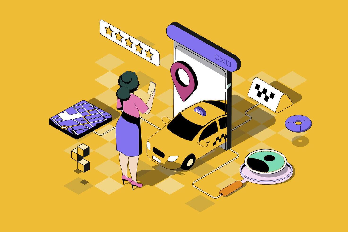 Taxi booking web concept in 3d isometric design. Woman holding smartphone with taxi application, ordering car with top rating and tracking online. web illustration with people isometry scene vector