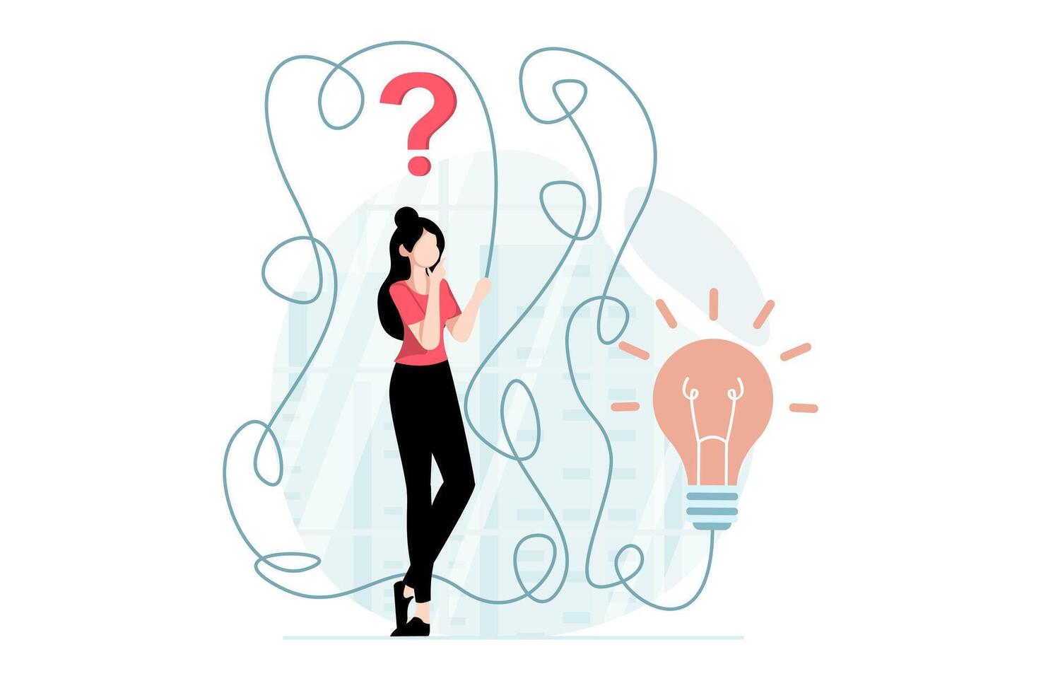 Finding solution concept with people scene in flat design. Woman thinks about questions and looks for right way to discover answers and new ideas. illustration with character situation for web vector