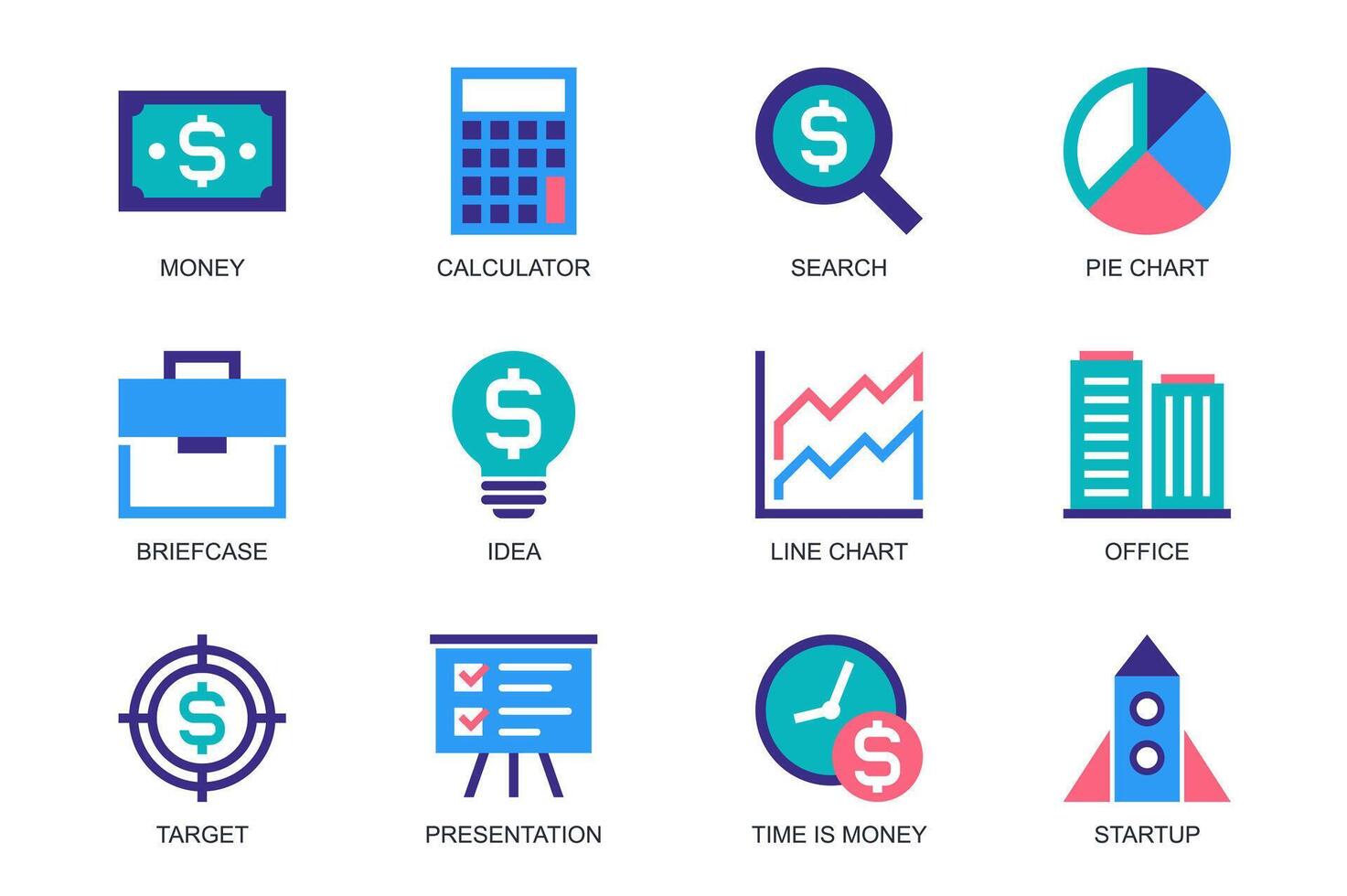 Business concept of web icons set in simple flat design. Pack of money, calculator, search, pie chart, briefcase, idea, office, target, presentation, startup, other. pictograms for mobile app vector