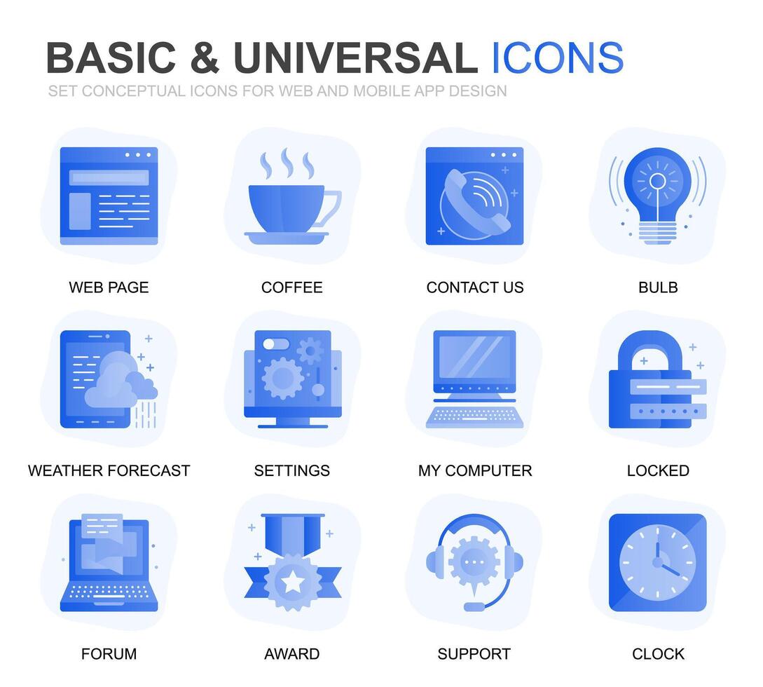 Modern Set Basic Gradient Flat Icons for Website and Mobile Apps. Contains such Icons as Location, Briefcase, Lamp, Support, Business, Award. Conceptual color flat icon. pictogram pack. vector