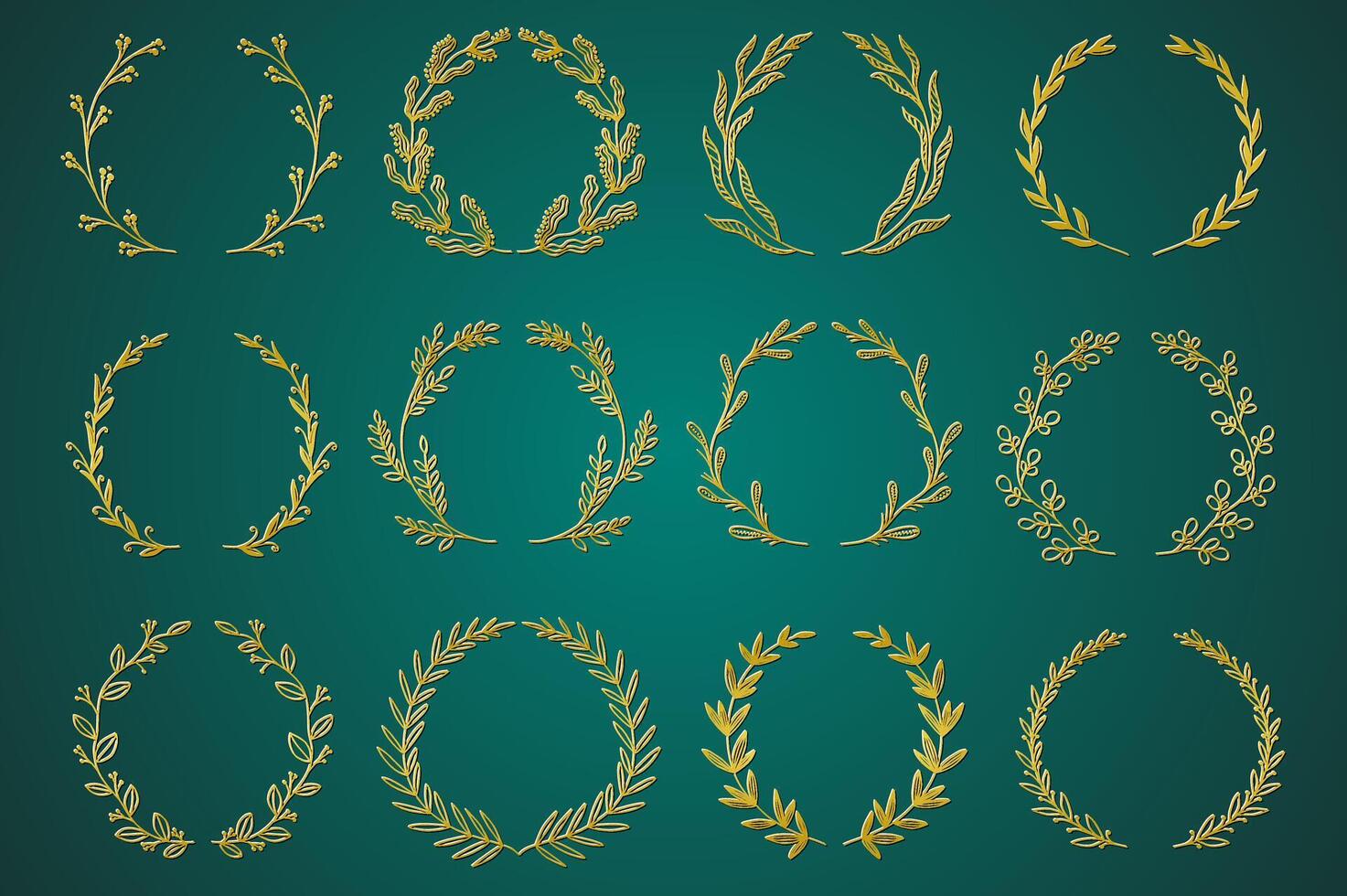 Gold ornamental branch wreathes set in hand drawn design. Laurel leaves wreath and decorative branch bundle. Botanical decor of herbs, twigs with flowers and plants elements. decoration. vector