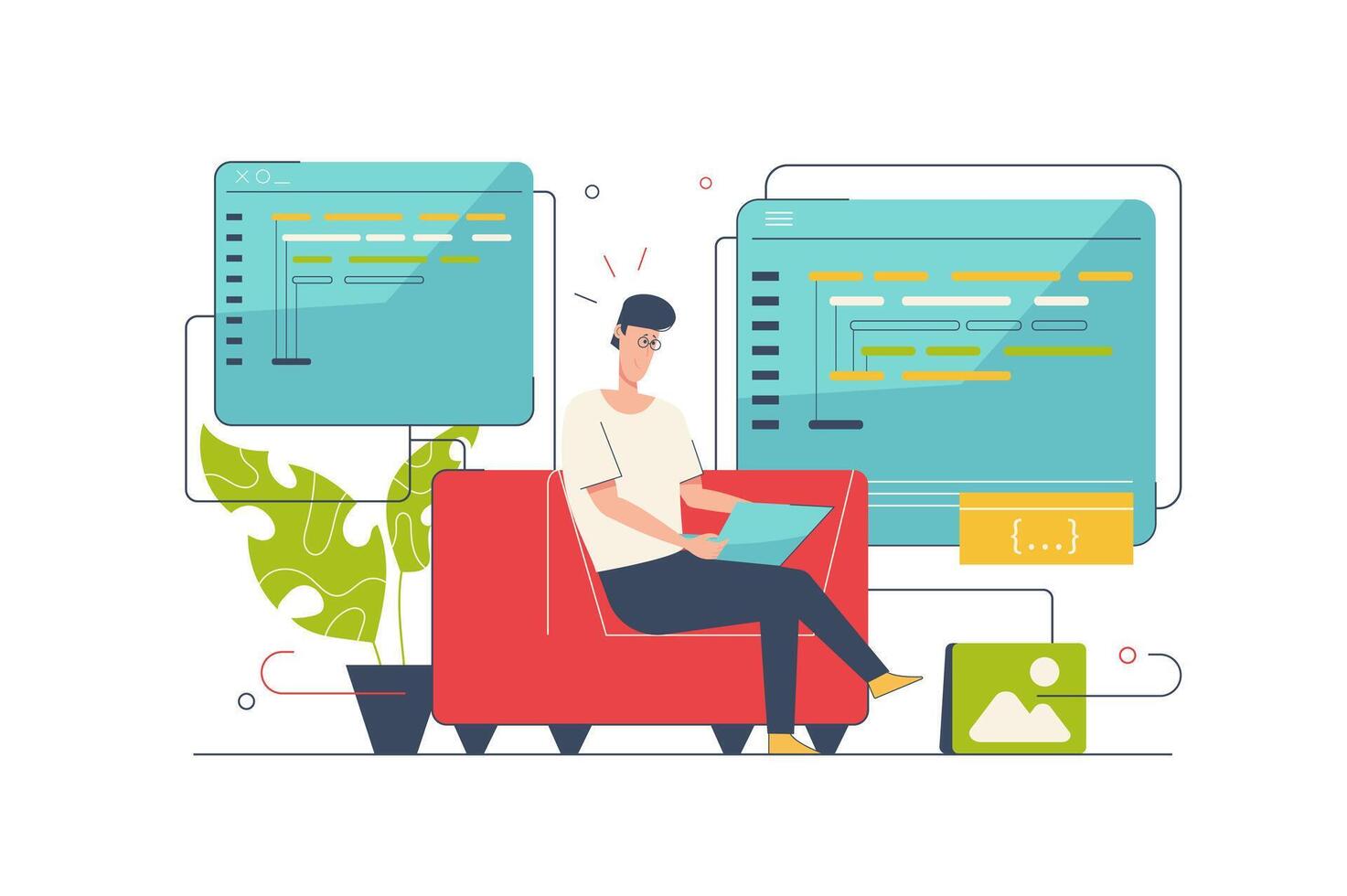 Programming software concept with people scene in flat cartoon design. Man developer creates programs and works with code, tests and optimizes. illustration with character situation for web vector