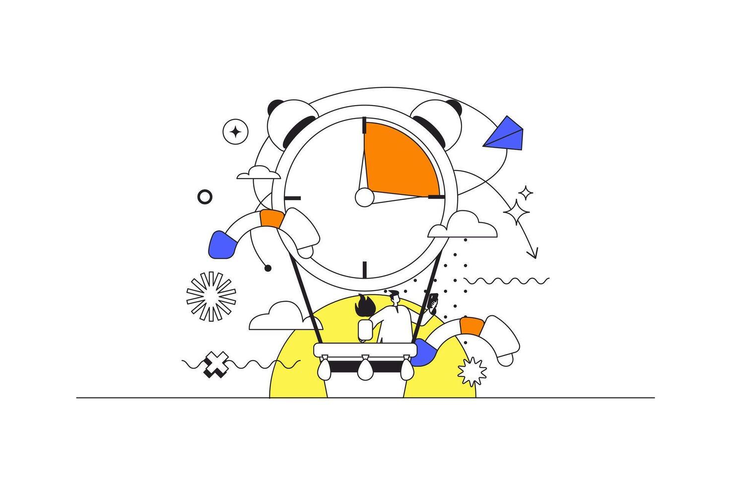 Time management web concept in flat outline design with character. Man keeps track of time to complete tasks and marks dates, clock countdown, job productivity, people scene. illustration. vector