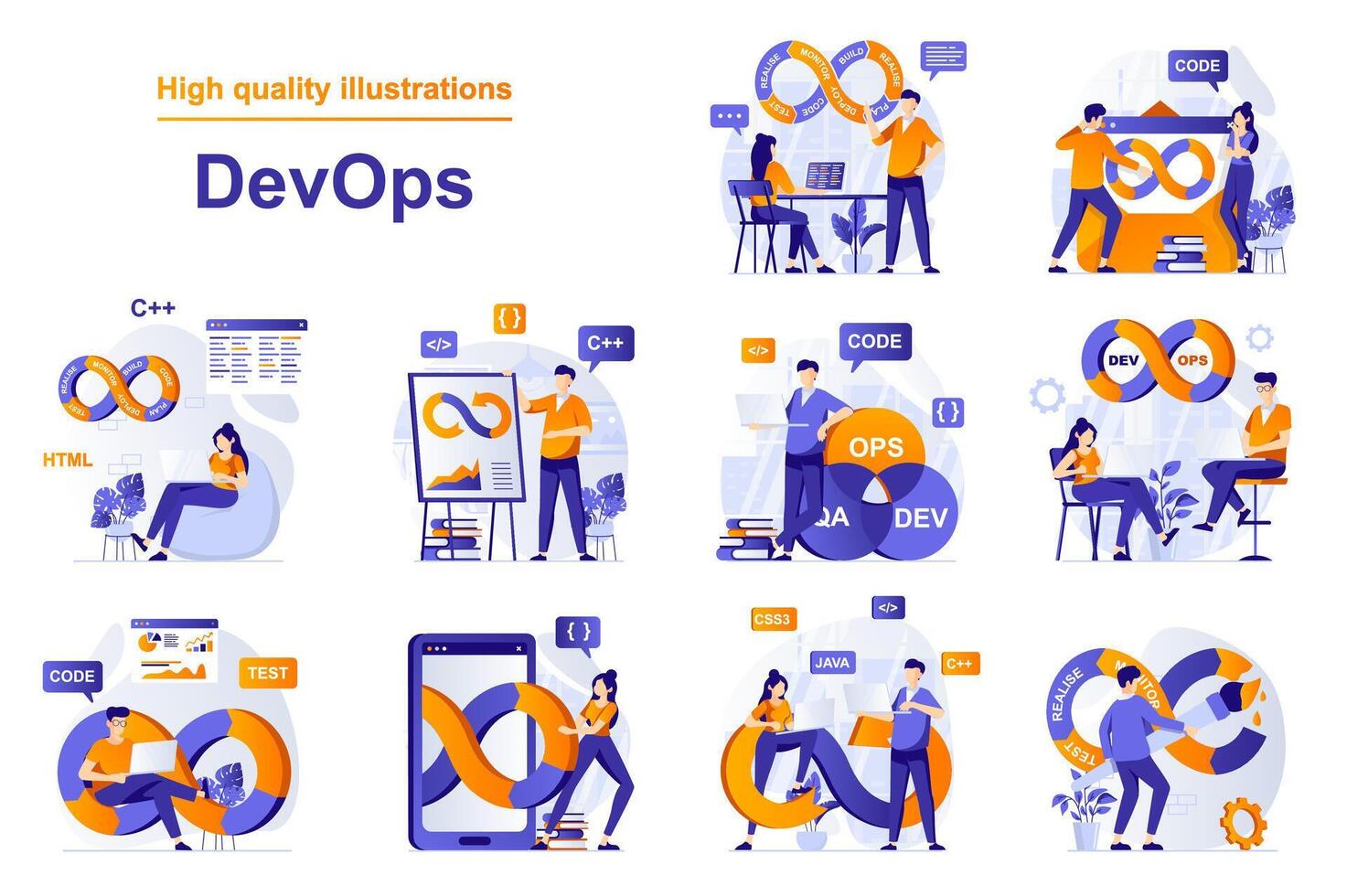 DevOps web concept with people scenes set in flat style. Bundle of programmers interact with tech support engineers, administration development operations. illustration with character design vector
