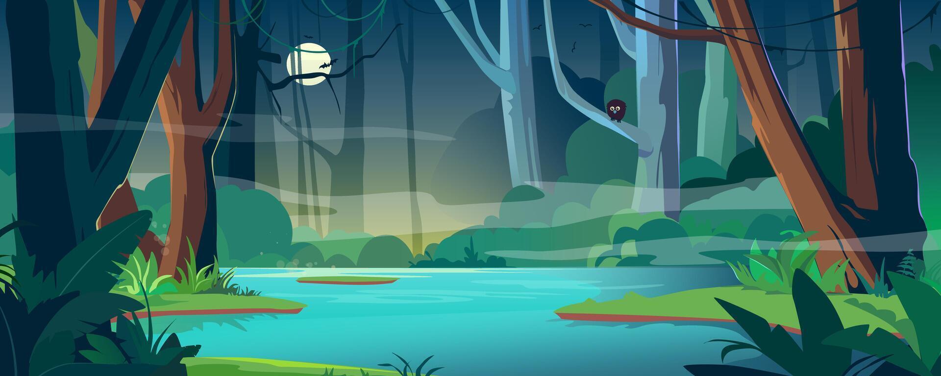 Tropical night jungle with river background banner in cartoon design. Wildlife rainforest with misty, moon, lianas and bird on trees, lush bushes and fern, blue water pond. cartoon illustration vector