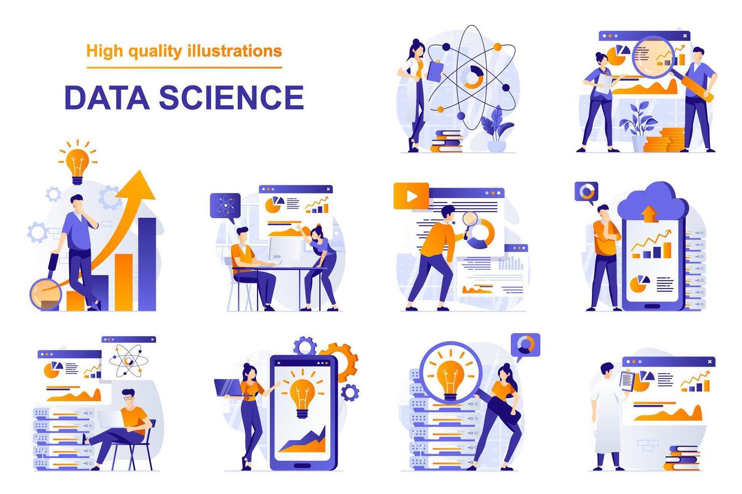 Data science web concept with people scenes set in flat style. Bundle of analyze data and statistics, computing scientific datum, working with databases. illustration with character design vector